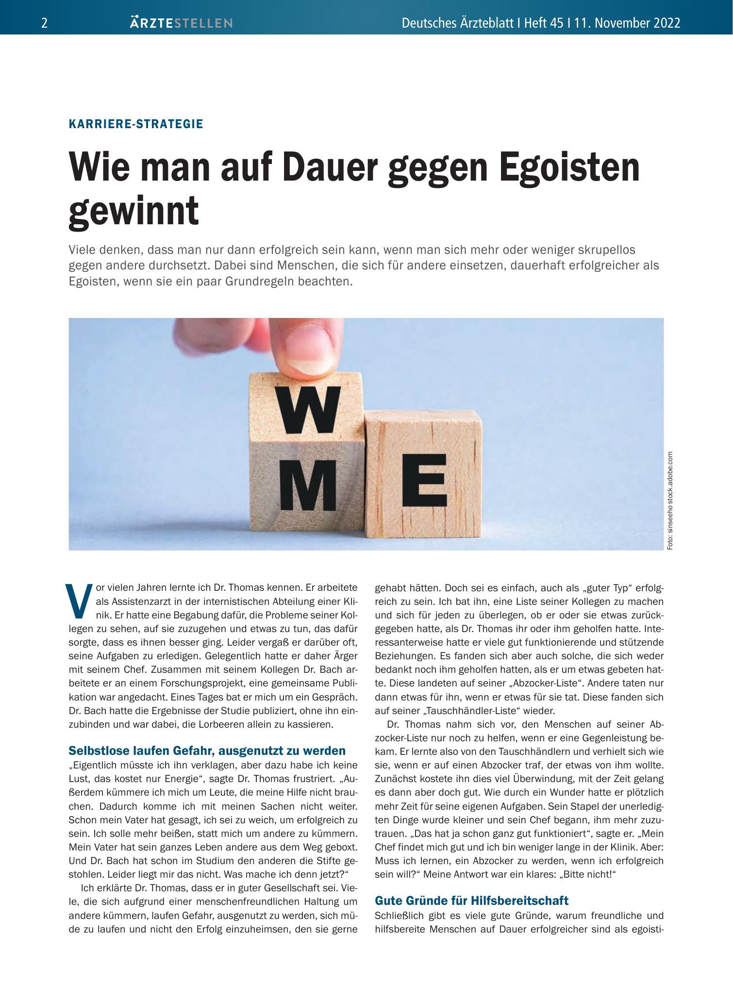 Vorschauseite 1: Karriere-Strategie: Wie man auf Dauer gegen Egoisten gewinnt – Deutsches Ärzteblatt