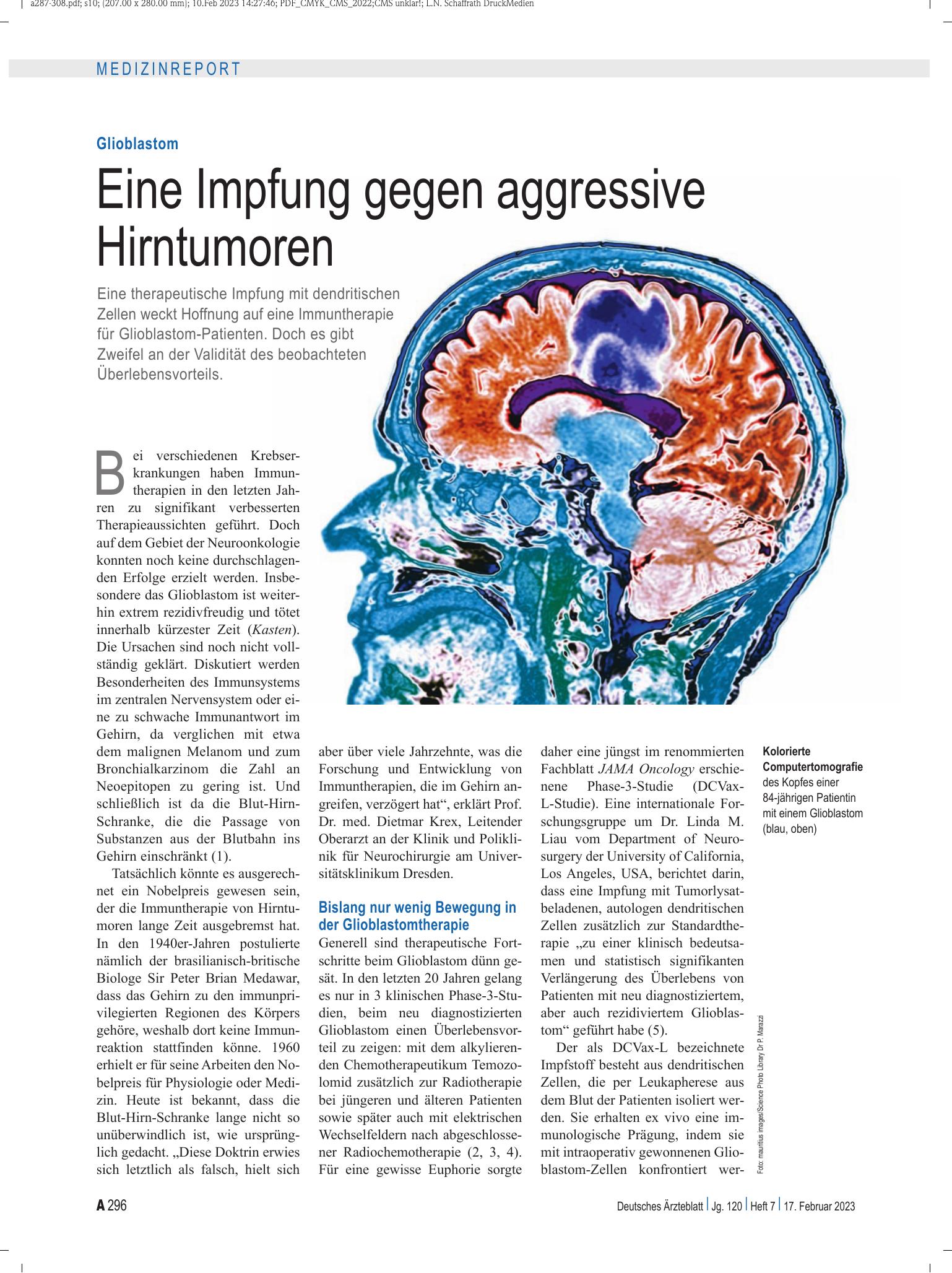 Vorschauseite 1: Glioblastom: Eine Impfung gegen aggressive Hirntumoren – Deutsches Ärzteblatt