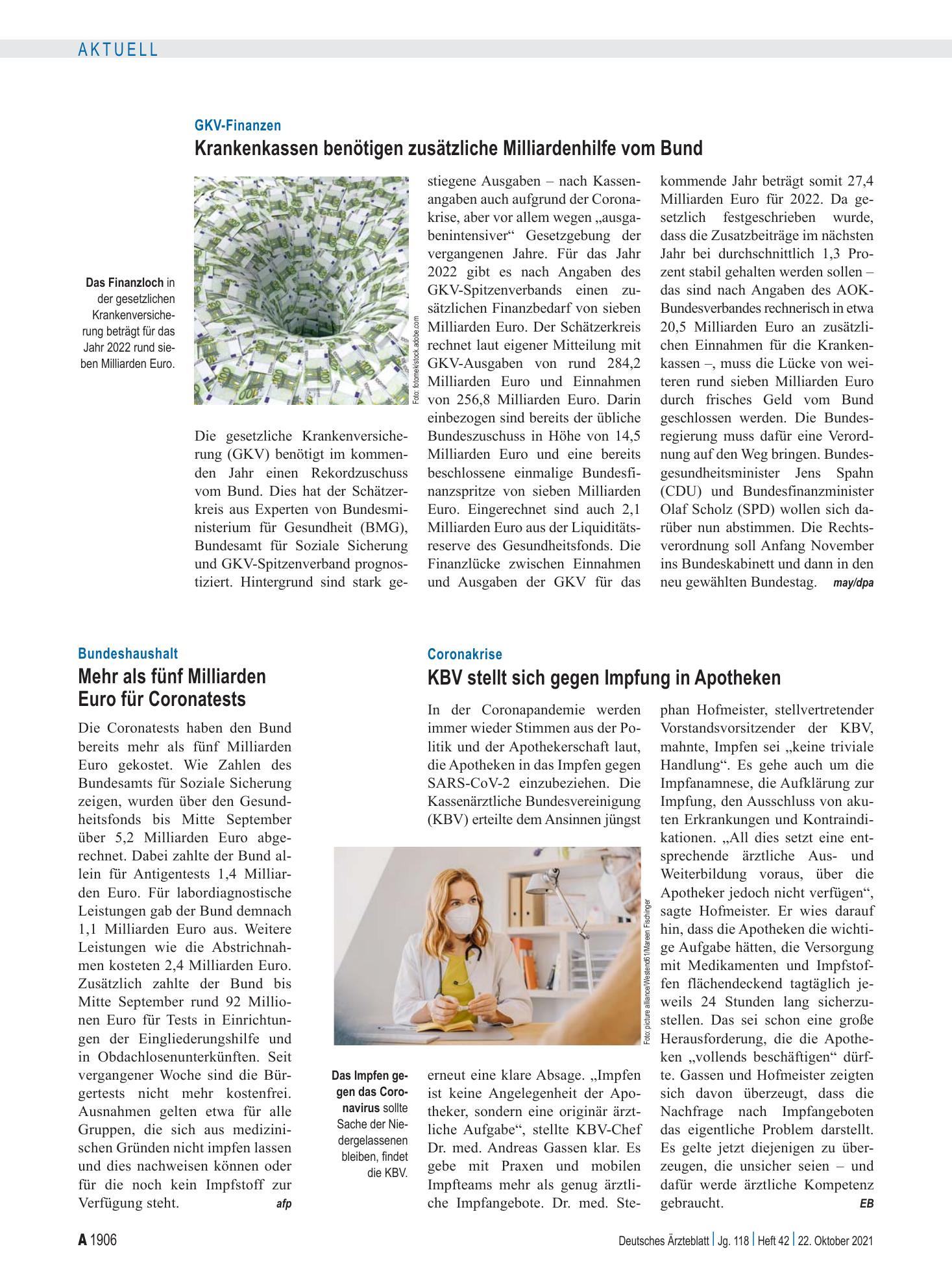 Vorschauseite 1: Coronakrise: KBV stellt sich gegen Impfung in Apotheken – Deutsches Ärzteblatt