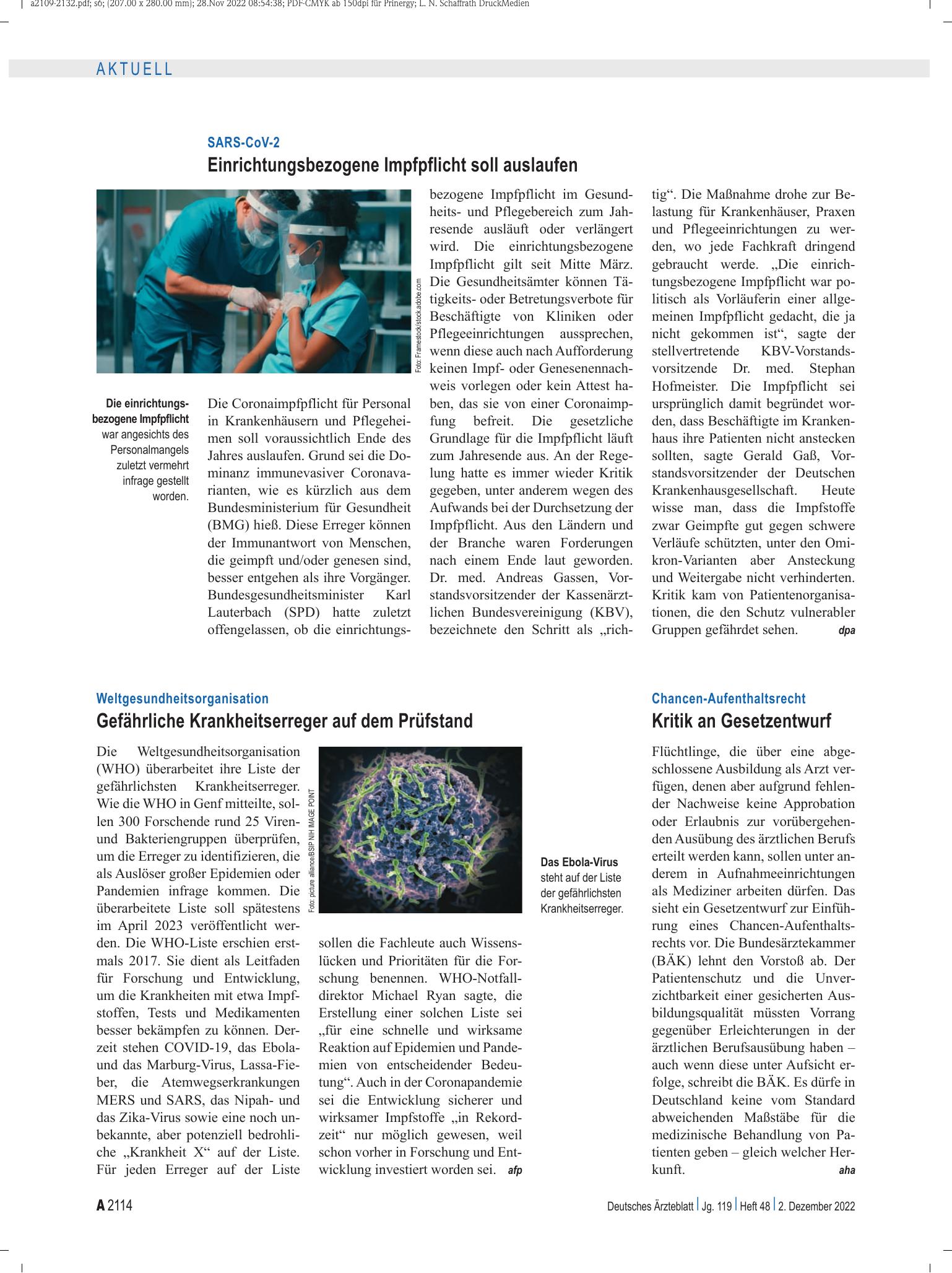 Vorschauseite 1: SARS-CoV-2: Einrichtungsbezogene Impfpflicht soll auslaufen – Deutsches Ärzteblatt