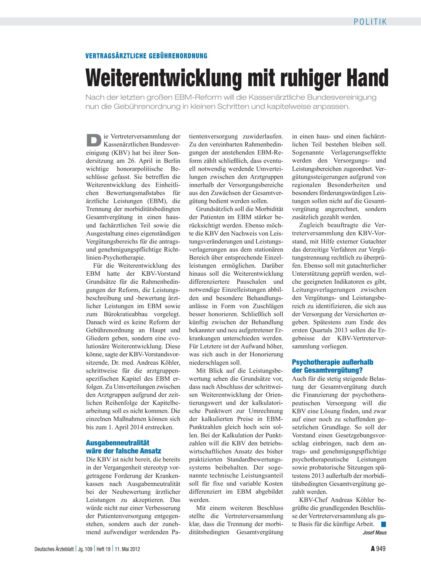 Vorschauseite 1: Vertragsärztliche Gebührenordnung: Weiterentwicklung mit ruhiger Hand – Deutsches Ärzteblatt