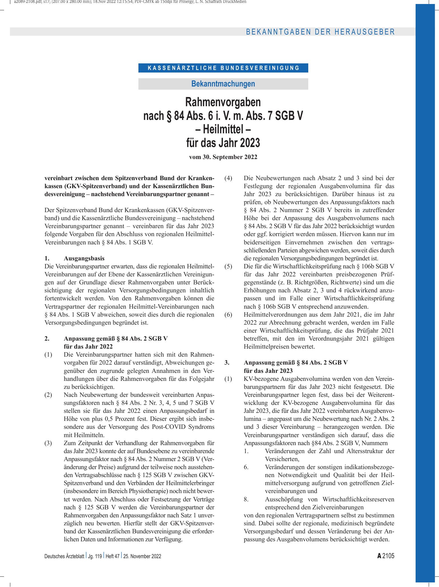 Vorschauseite 1: Rahmenvorgaben nach § 84 Abs. 6 i. V. m. Abs. 7 SGB V – Heilmittel – für das Jahr 2023 – Deutsches Ärzteblatt
