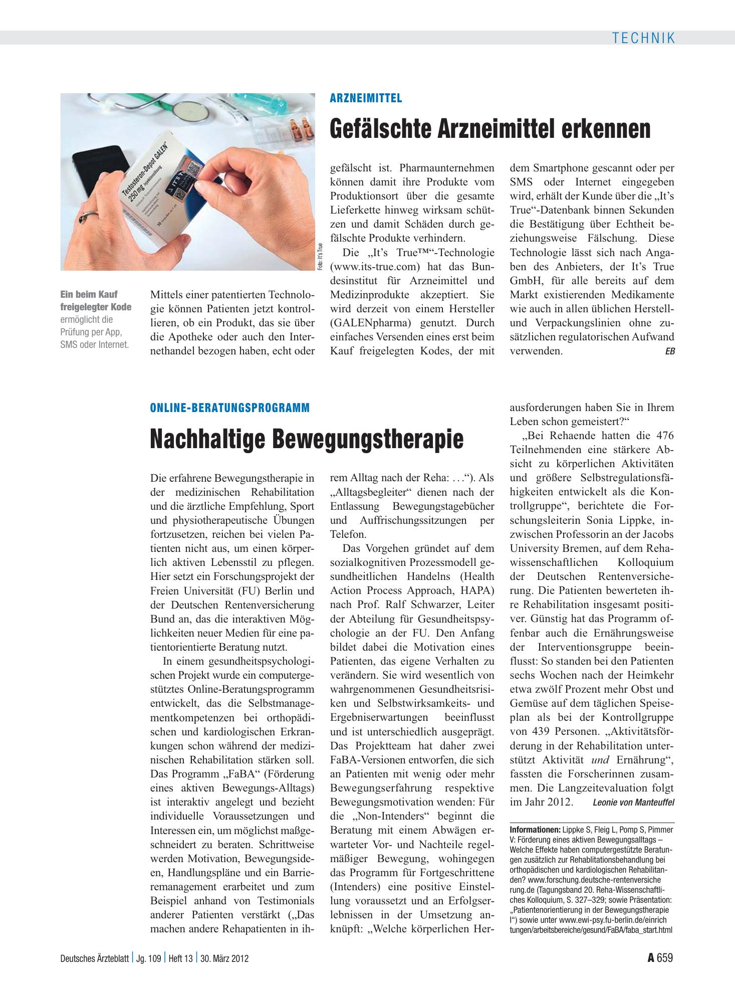 Vorschauseite 1: Online-Beratungsprogramm: Nachhaltige Bewegungstherapie – Deutsches Ärzteblatt