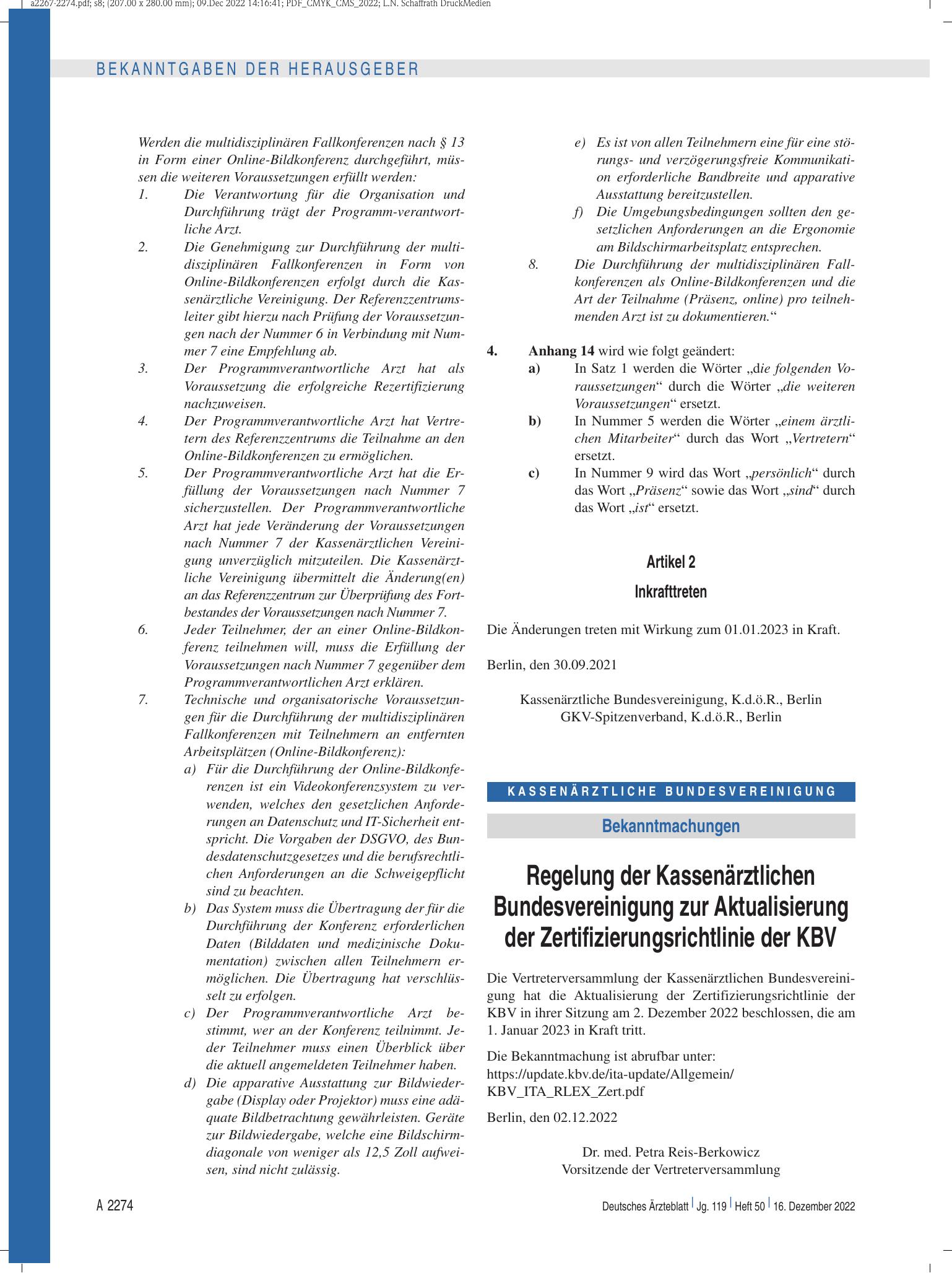 Vorschauseite 1: Regelung der Kassenärztlichen Bundesvereinigung zur Aktualisierung der Zertifizierungsrichtlinie der KBV – Deutsches Ärzteblatt