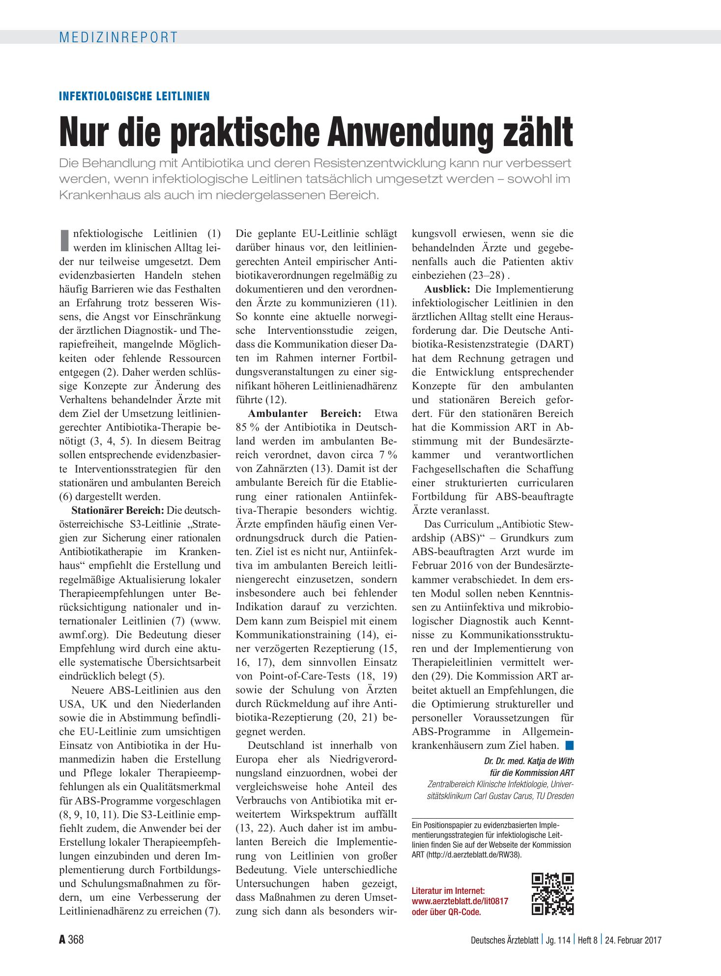 Vorschauseite 1: Infektiologische Leitlinien: Nur die praktische Anwendung zählt – Deutsches Ärzteblatt