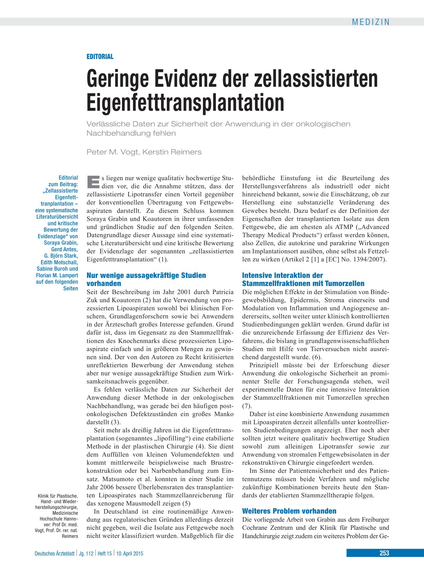 Vorschauseite 1: Zellassistierte Eigenfetttransplantation – Deutsches Ärzteblatt