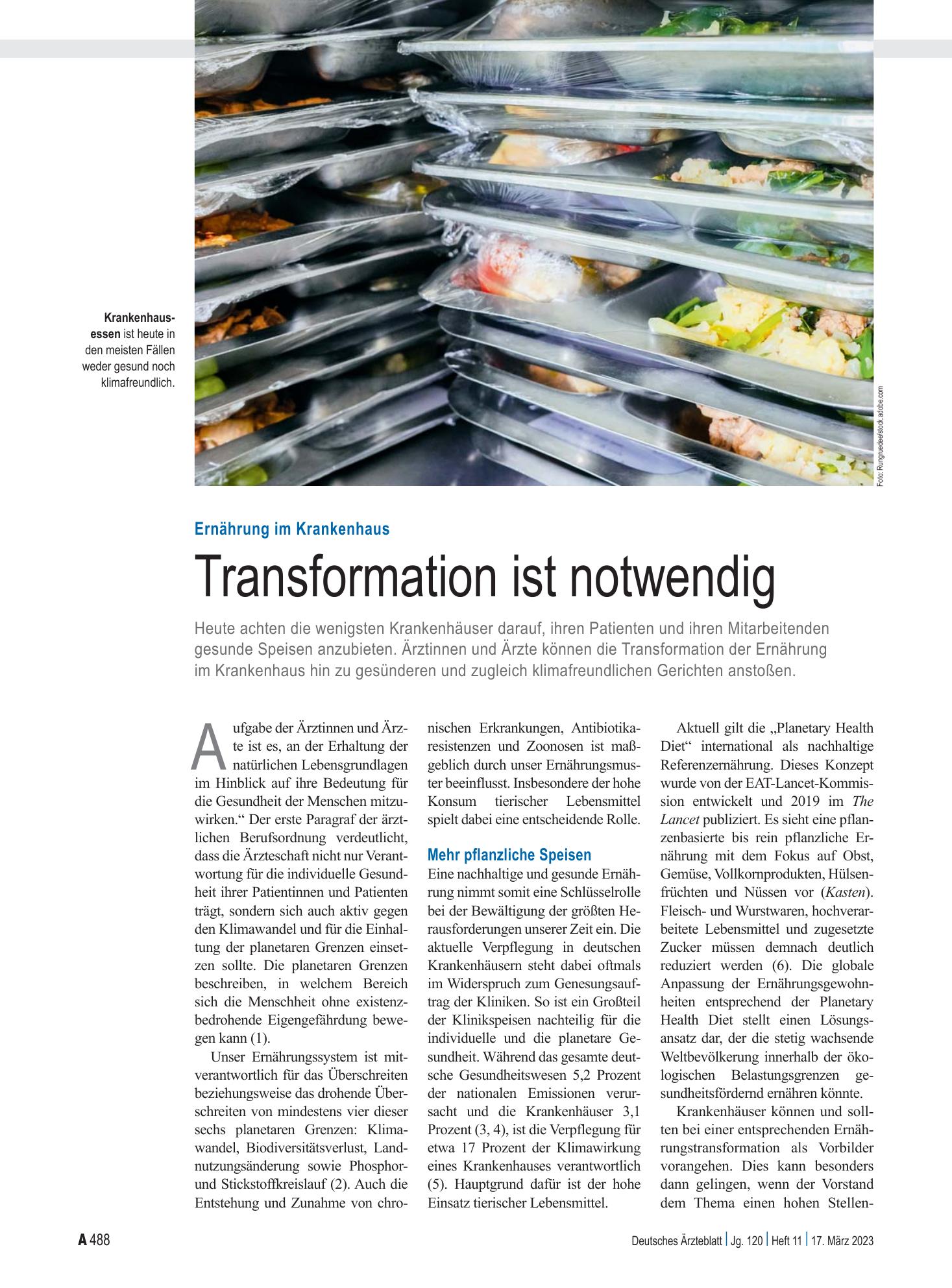 Vorschauseite 1: Ernährung im Krankenhaus: Transformation ist notwendig – Deutsches Ärzteblatt