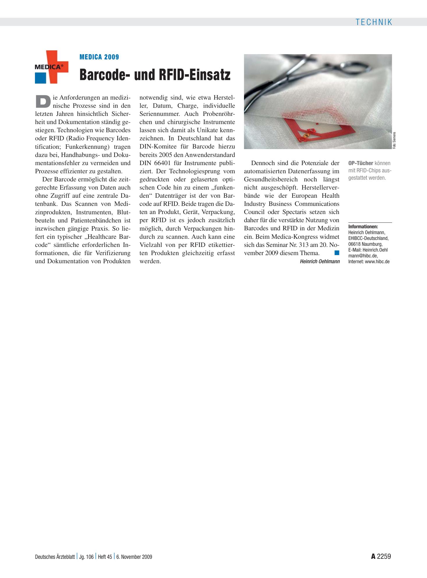 Vorschauseite 1: Medica 2009: Barcode- und RFID-Einsatz – Deutsches Ärzteblatt