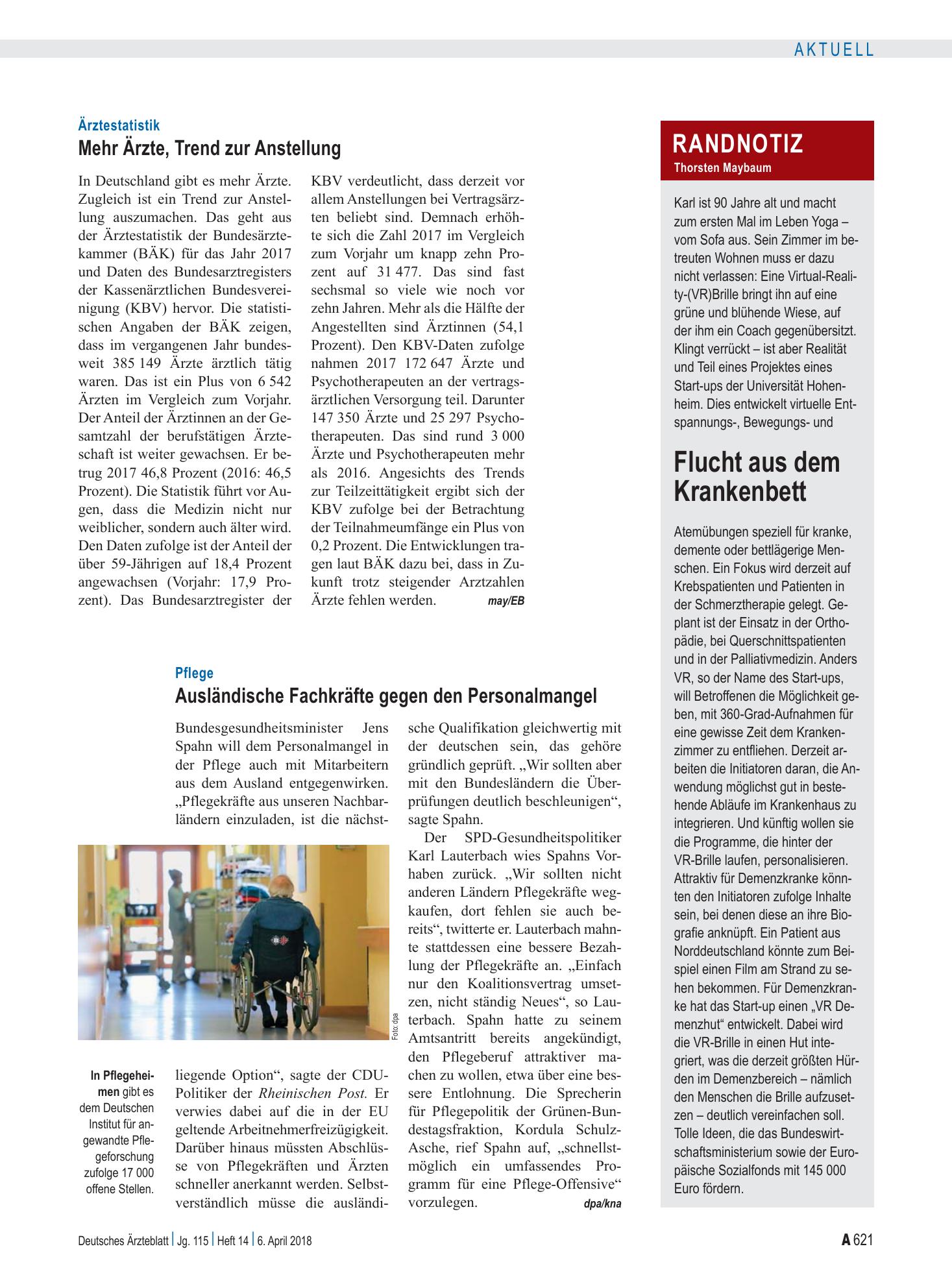 Vorschauseite 1: Randnotiz: Flucht aus dem Krankenbett – Deutsches Ärzteblatt