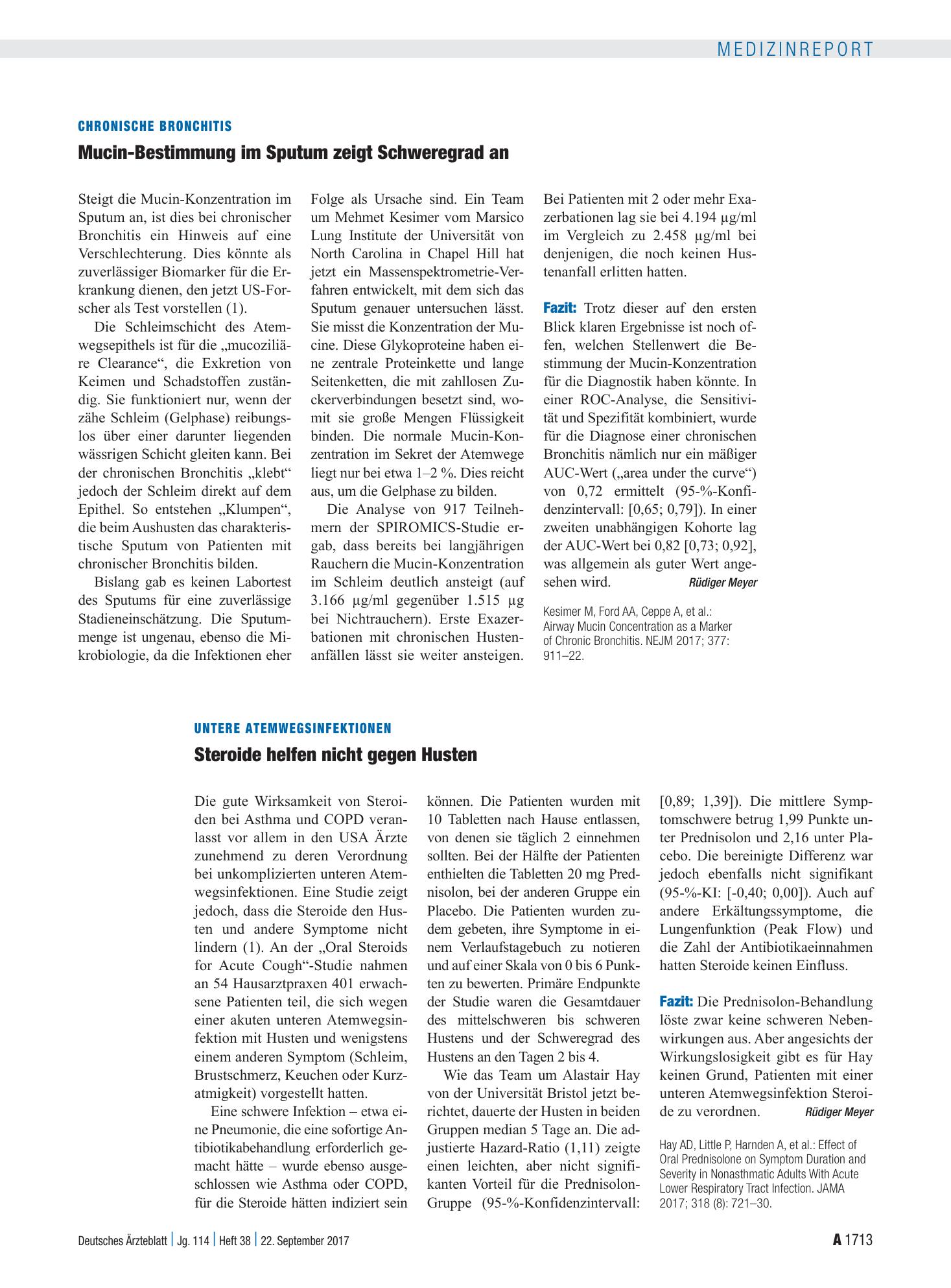 Vorschauseite 1: Chronische Bronchitis: Mucin-Bestimmung im Sputum zeigt Schweregrad an – Deutsches Ärzteblatt