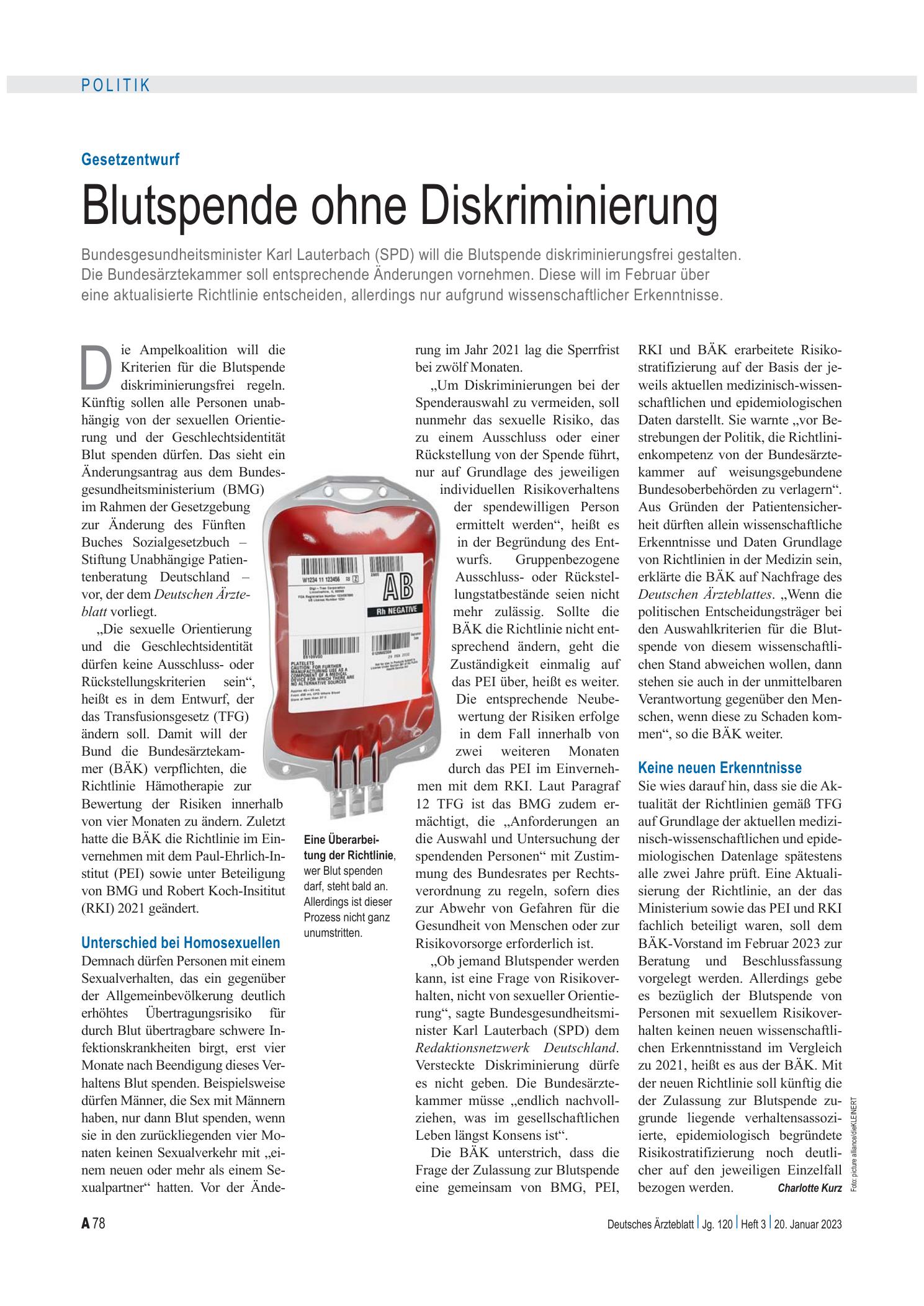 Vorschauseite 1: Gesetzentwurf: Blutspende ohne Diskriminierung – Deutsches Ärzteblatt