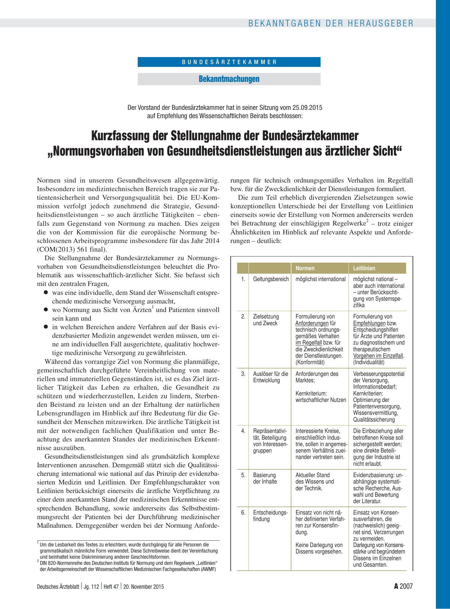 Vorschauseite 1: Kurzfassung der Stellungnahme der Bundesärztekammer „Normungsvorhaben von Gesundheitsdienstleistungen aus ärztlicher Sicht“ – Deutsches Ärzteblatt