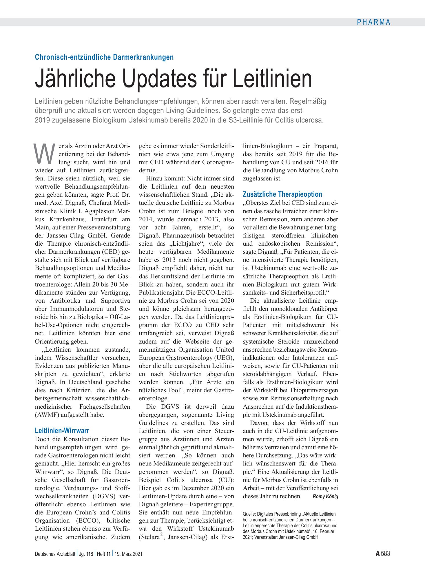 Vorschauseite 1: Chronisch-entzündliche Darmerkrankungen: Jährliche Updates für Leitlinien – Deutsches Ärzteblatt