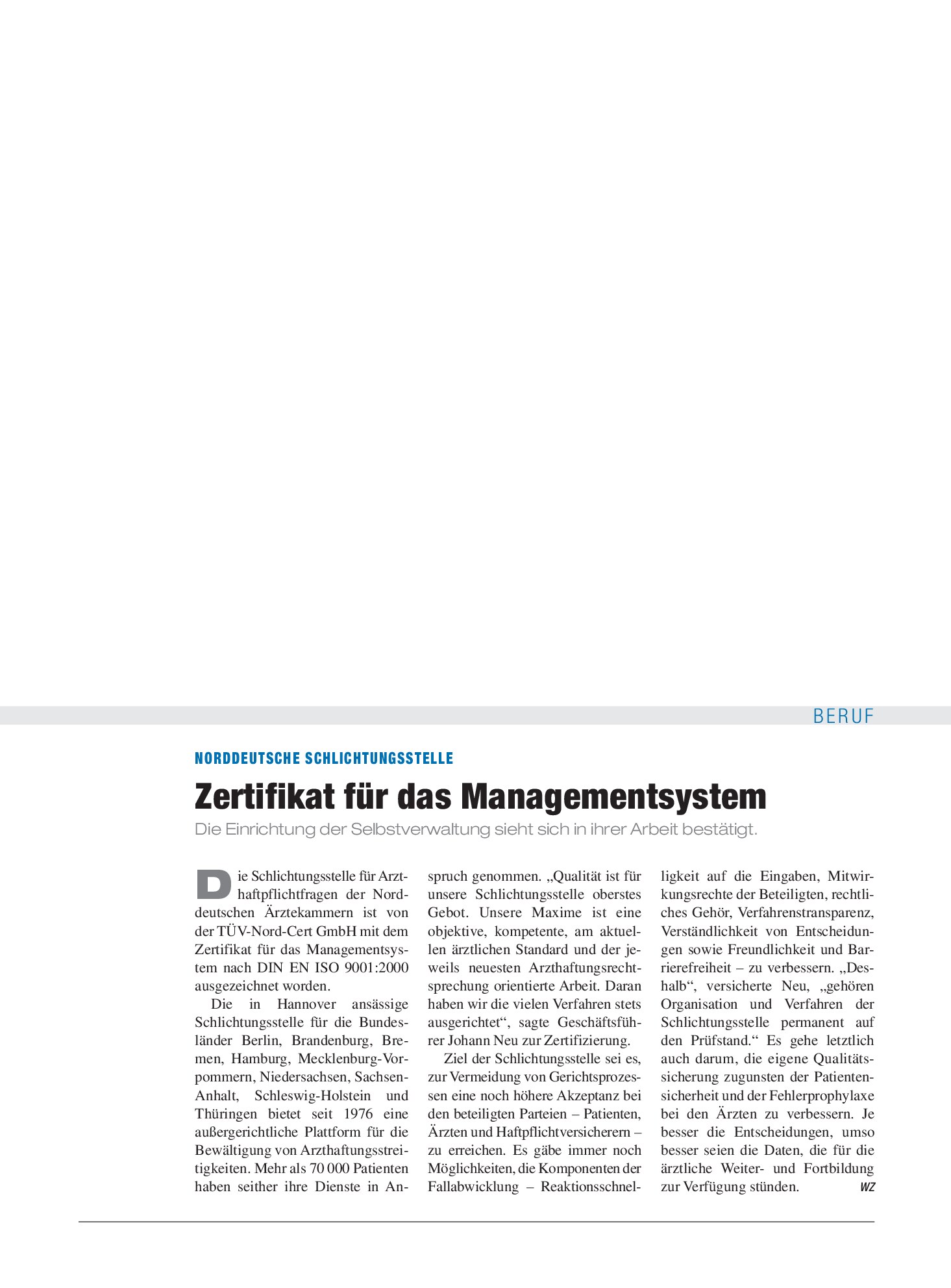 Vorschauseite 1: Norddeutsche Schlichtungsstelle: Zertifikat für das Managementsystem – Deutsches Ärzteblatt