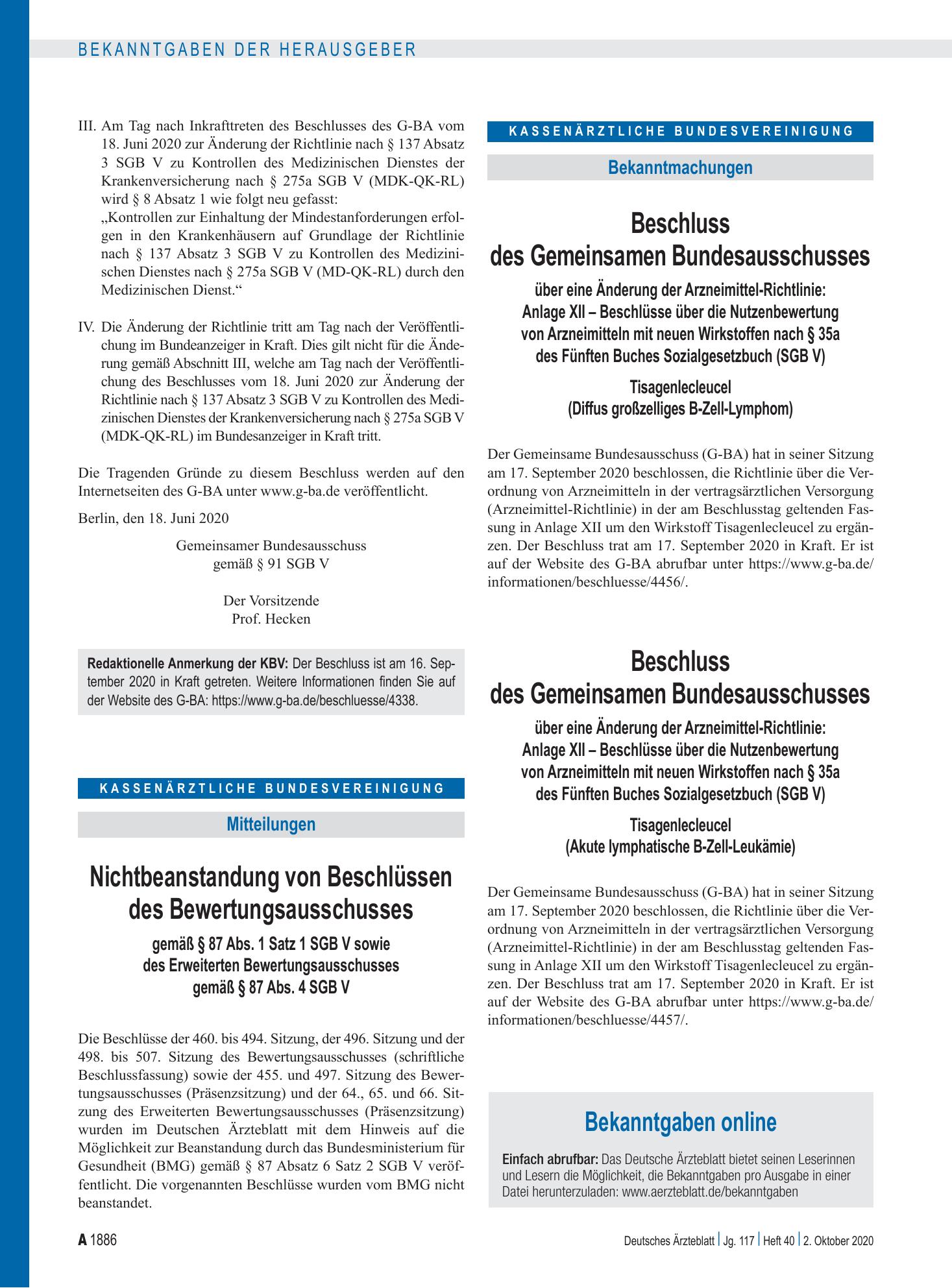 Vorschauseite 1: Bekanntgaben online – Deutsches Ärzteblatt