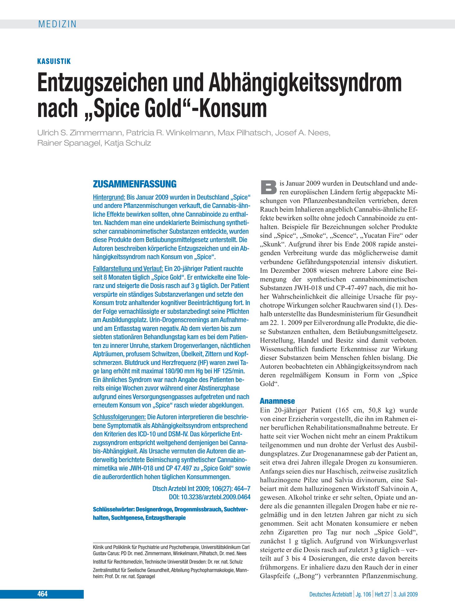 Vorschauseite 1: Entzugszeichen und Abhängigkeitssyndrom nach „Spice Gold“-Konsum – Deutsches Ärzteblatt