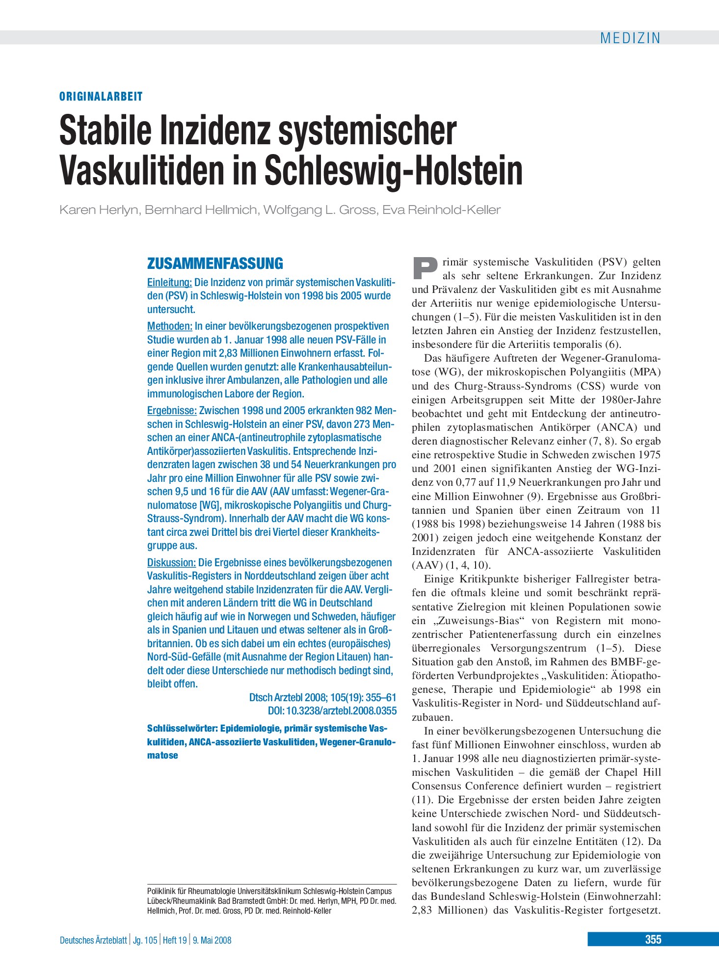 Vorschauseite 1: Stabile Inzidenz systemischer Vaskulitiden in Schleswig-Holstein – Deutsches Ärzteblatt