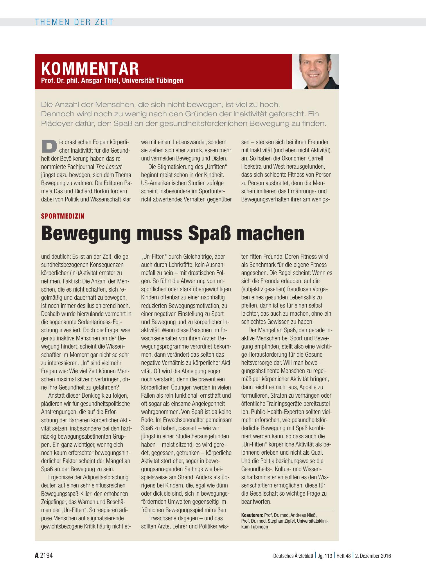 Vorschauseite 1: Sportmedizin: Bewegung muss Spaß machen – Deutsches Ärzteblatt