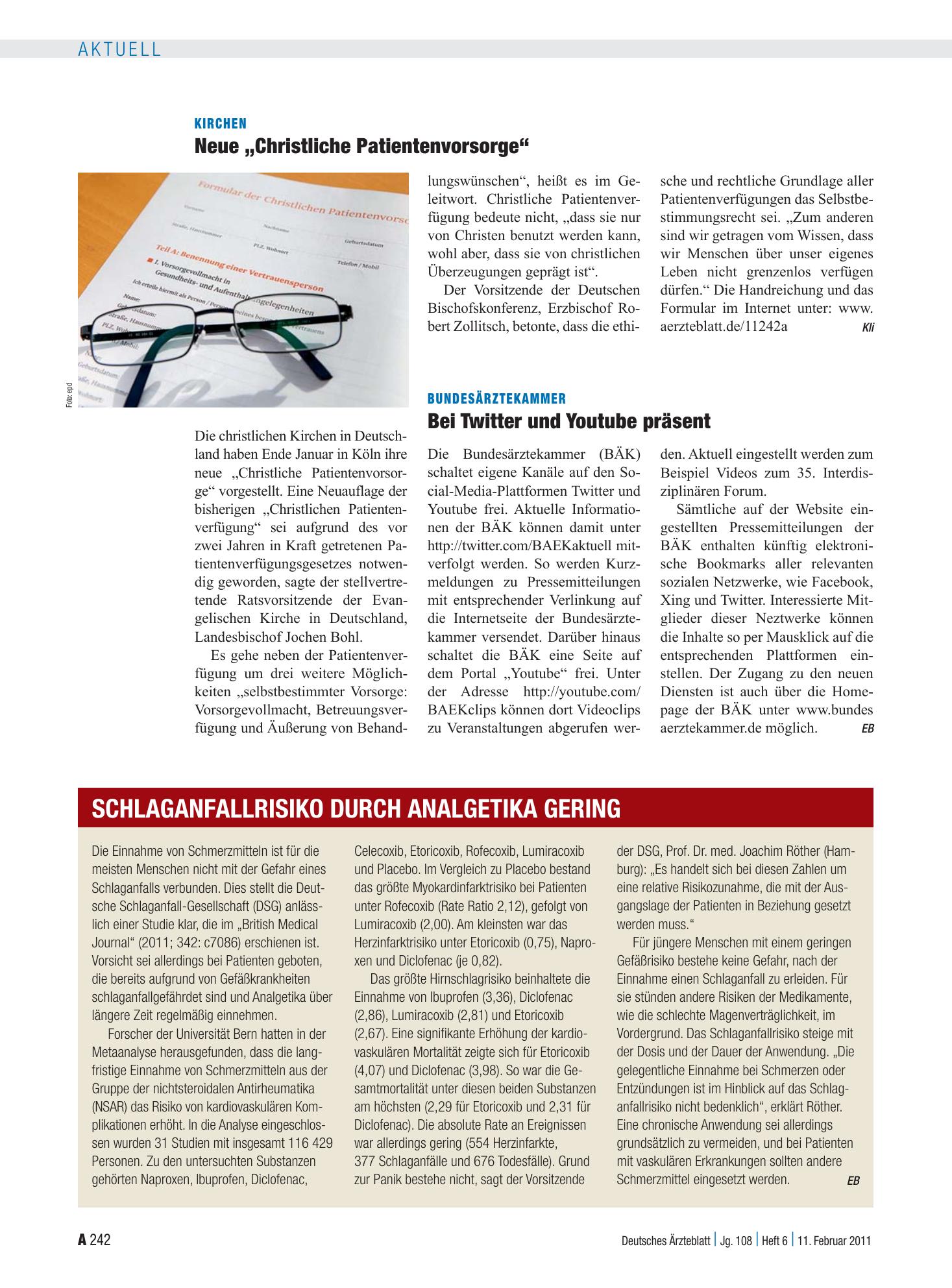 Vorschauseite 1: Schlaganfallrisiko durch Analgetika gering – Deutsches Ärzteblatt