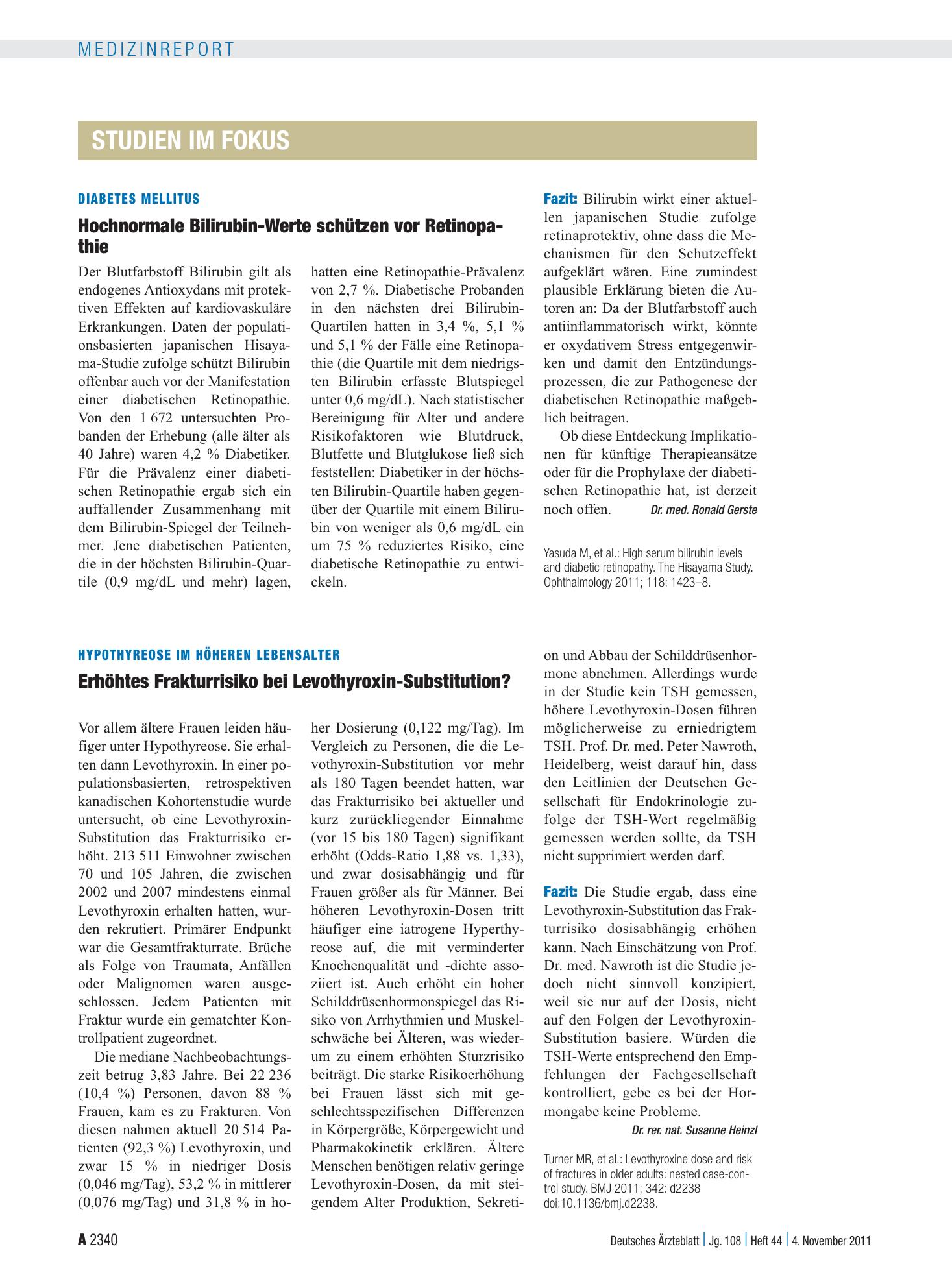 Vorschauseite 1: Hypothyreose im höheren Lebensalter: Erhöhtes Frakturrisiko bei Levothyroxin-Substitution? – Deutsches Ärzteblatt