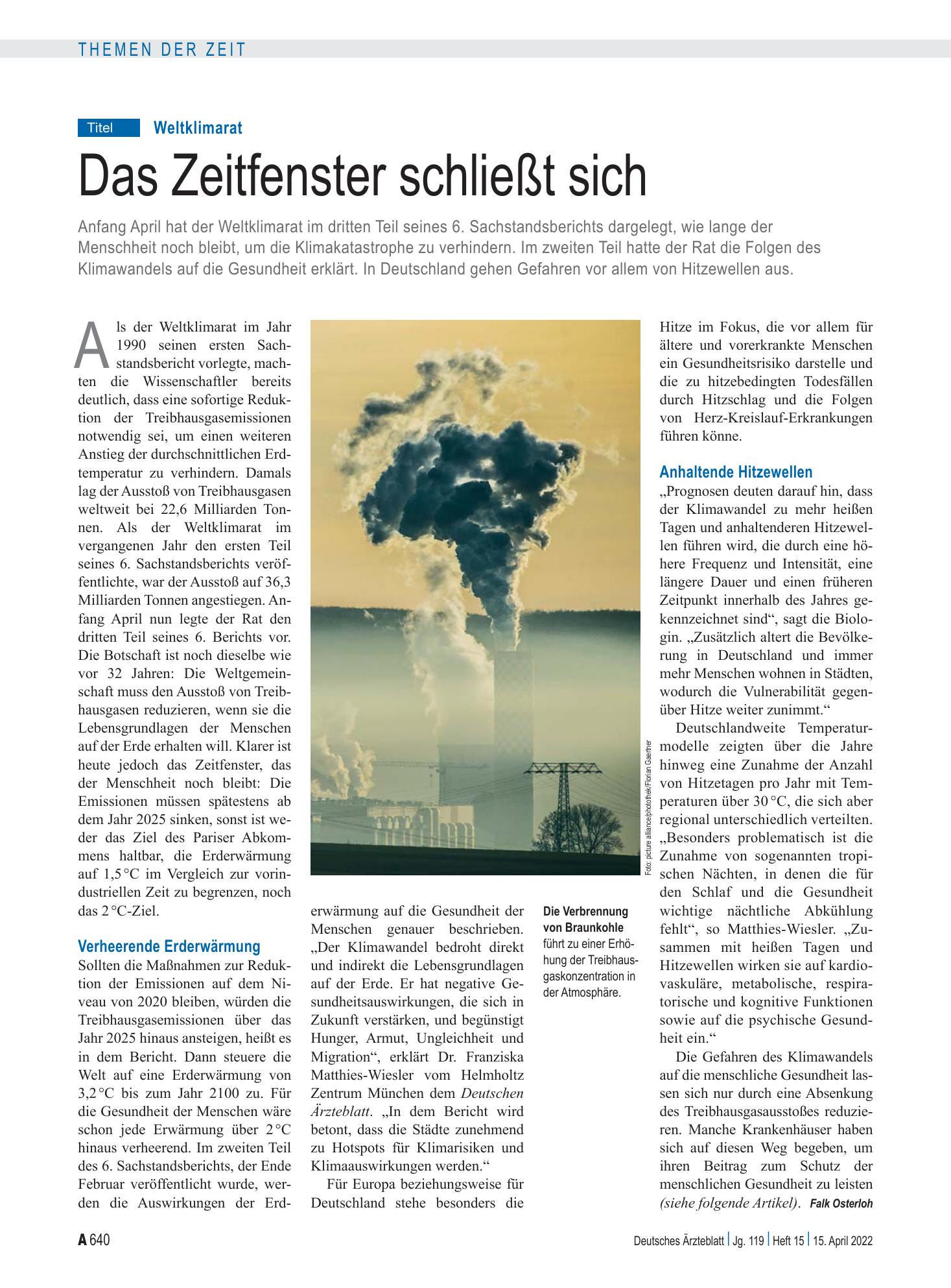 Vorschauseite 1: Weltklimarat: Das Zeitfenster schließt sich – Deutsches Ärzteblatt