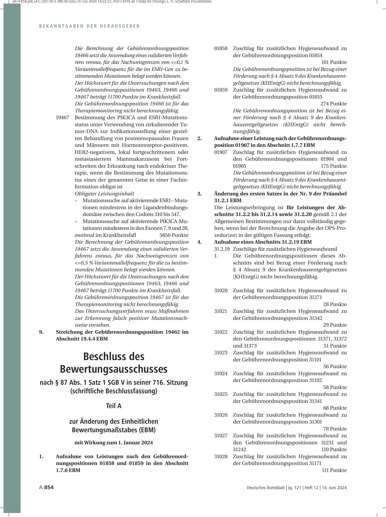 Vorschauseite 1: Beschluss des Bewertungsausschusses nach § 87 Abs. 1 Satz 1 SGB V in seiner 716. Sitzung (schriftliche Beschlussfassung) – Deutsches Ärzteblatt