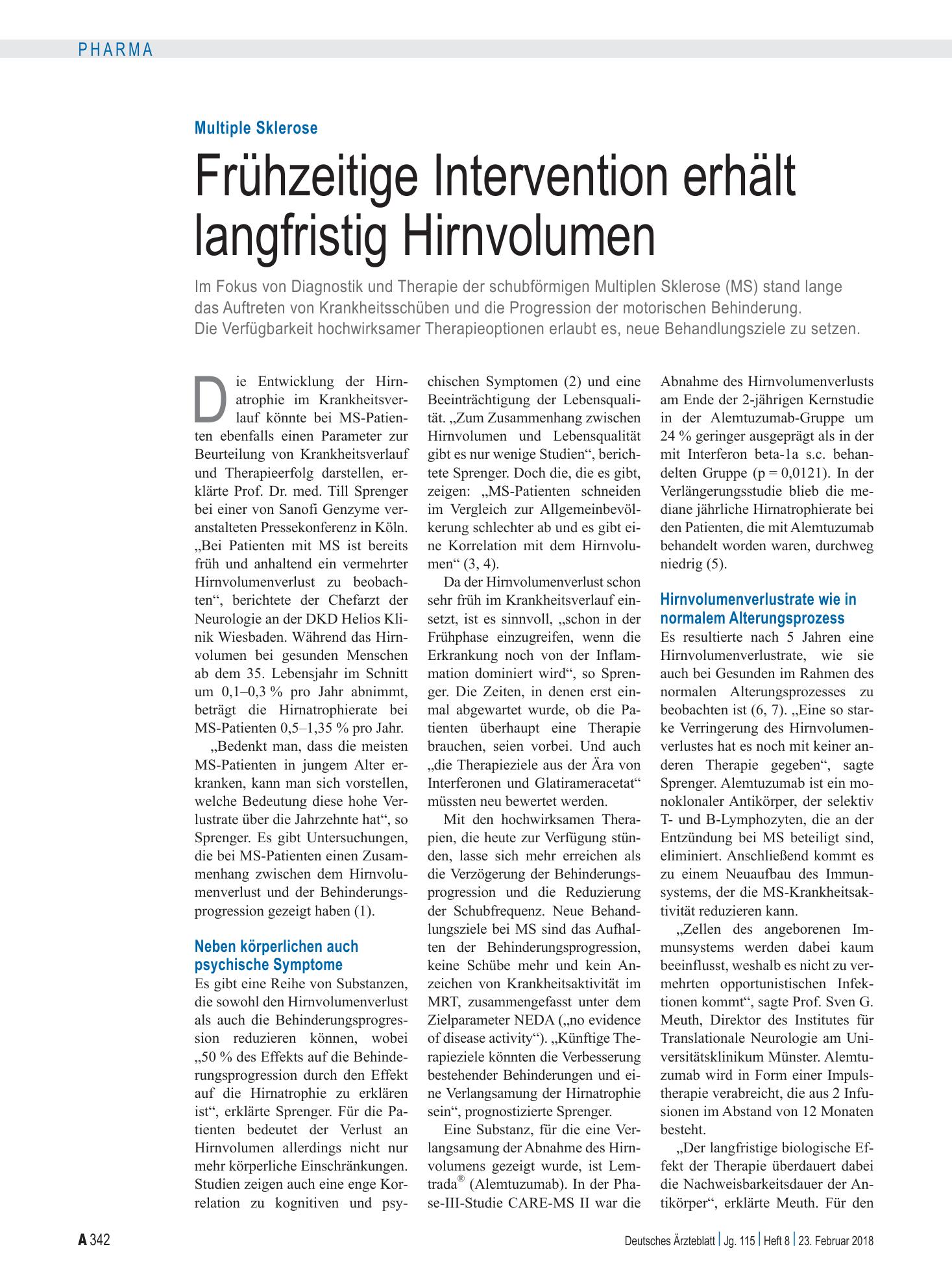 Vorschauseite 1: Multiple Sklerose: Frühzeitige Intervention erhält langfristig Hirnvolumen – Deutsches Ärzteblatt
