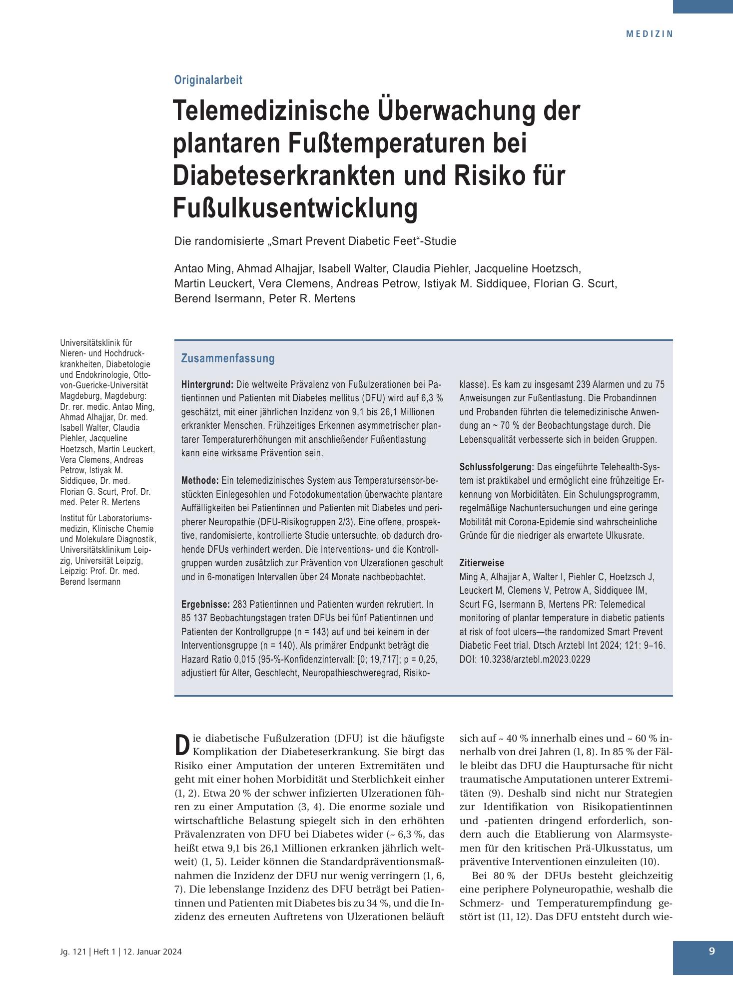 Vorschauseite 1: Telemedizinische Überwachung der plantaren Fußtemperaturen bei Diabeteserkrankten und Risiko für Fußulkusentwicklung – Deutsches Ärzteblatt