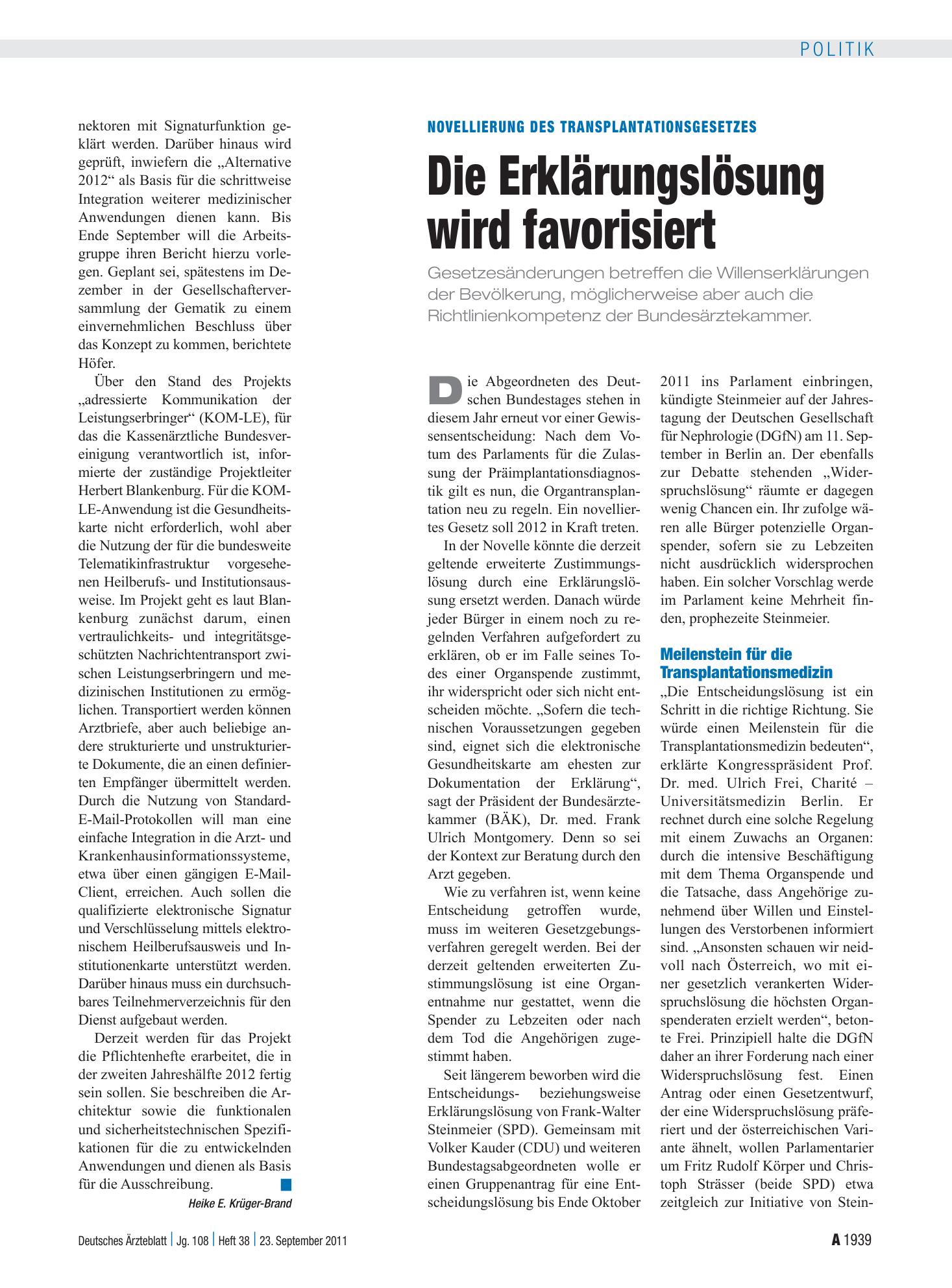 Vorschauseite 1: Novellierung des Transplantationsgesetzes: Die Erklärungslösung wird favorisiert – Deutsches Ärzteblatt