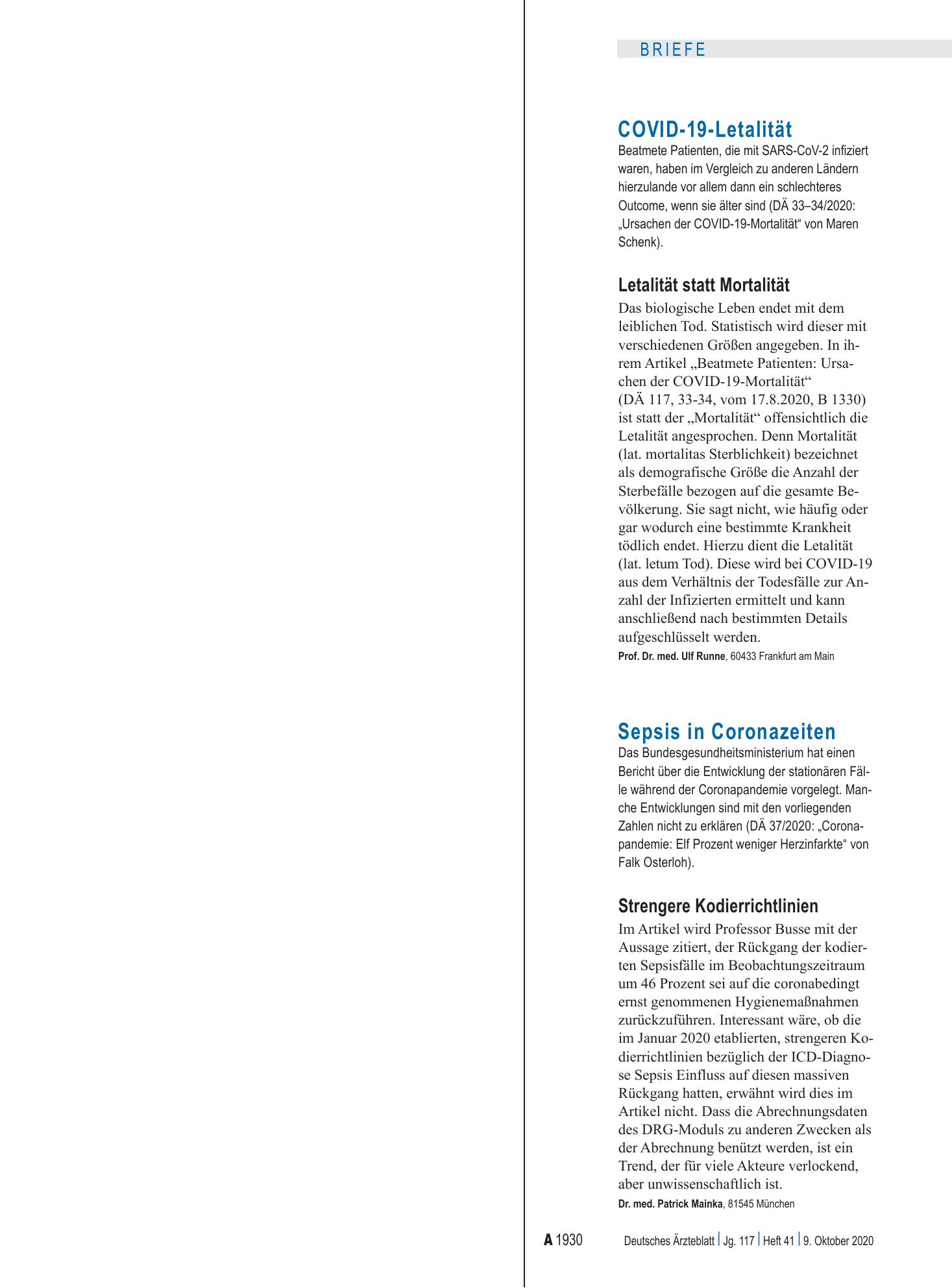 Vorschauseite 1: COVID-19-Letalität: Letalität statt Mortalität – Deutsches Ärzteblatt