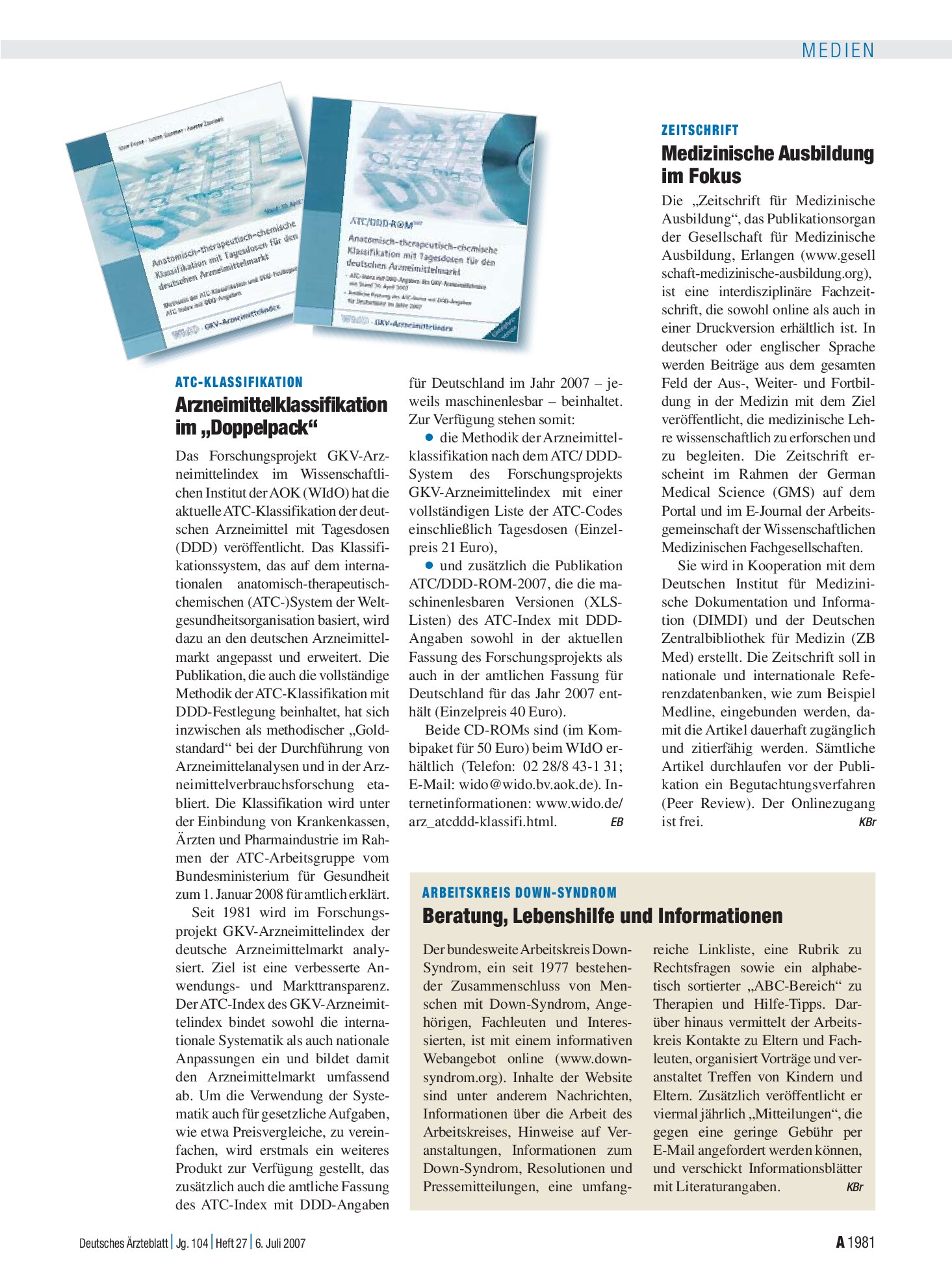 Vorschauseite 1: ATC-Klassifikation: Arzneimittelklassifikation im „Doppelpack“ – Deutsches Ärzteblatt