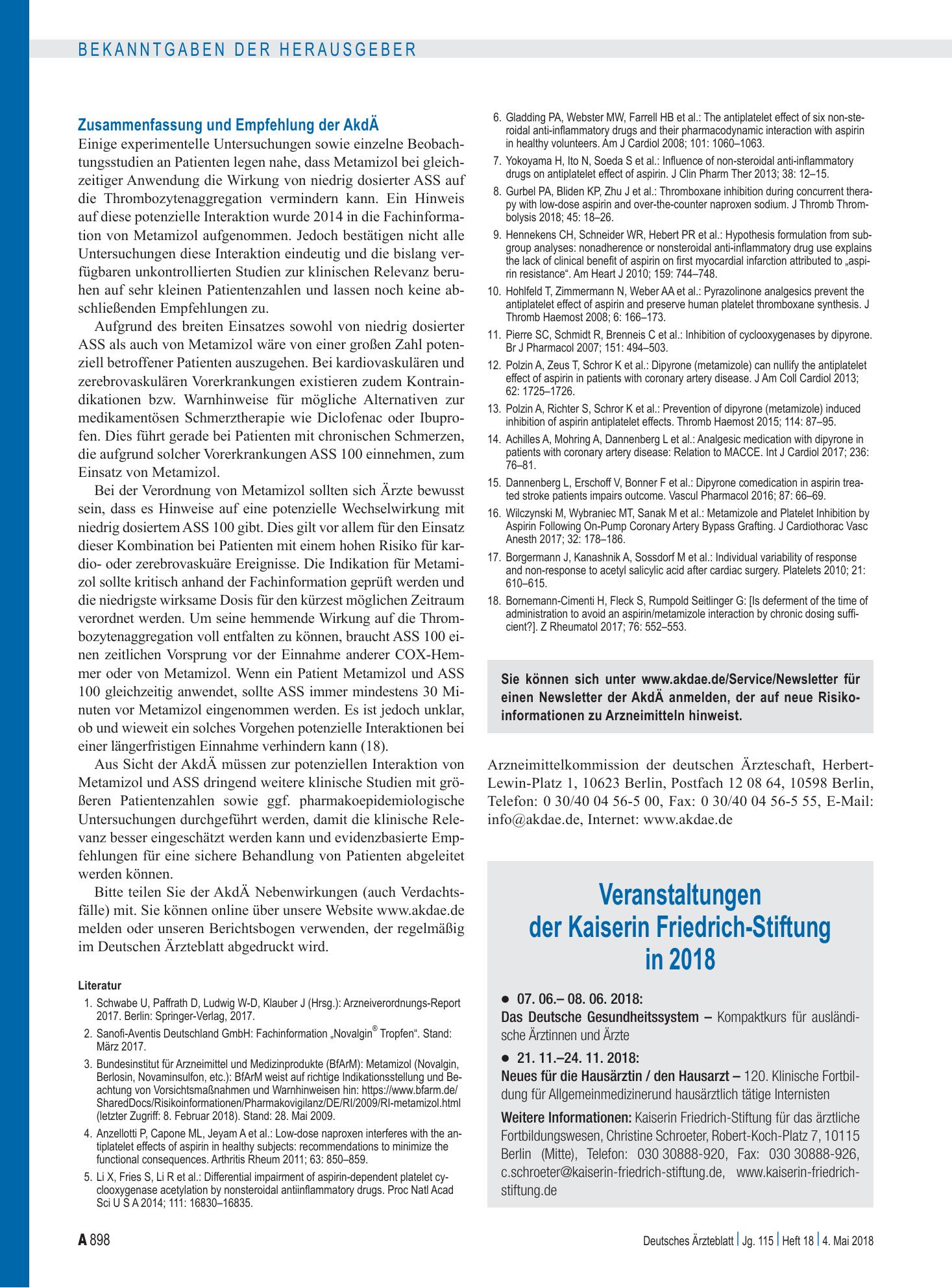 Vorschauseite 1: Veranstaltungen der Kaiserin Friedrich-Stiftung in 2018 – Deutsches Ärzteblatt