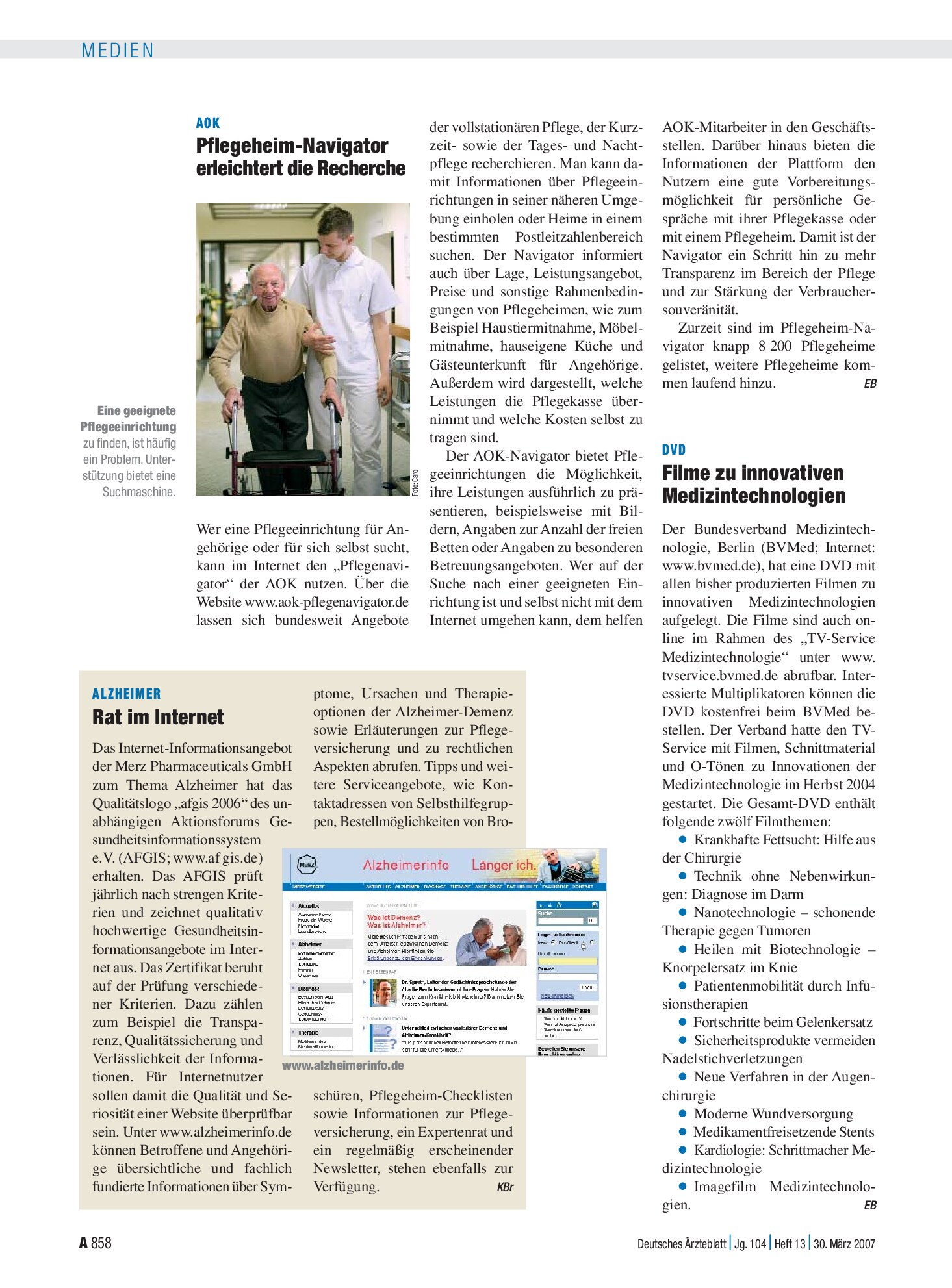 Vorschauseite 1: Alzheimer: Rat im Internet – Deutsches Ärzteblatt