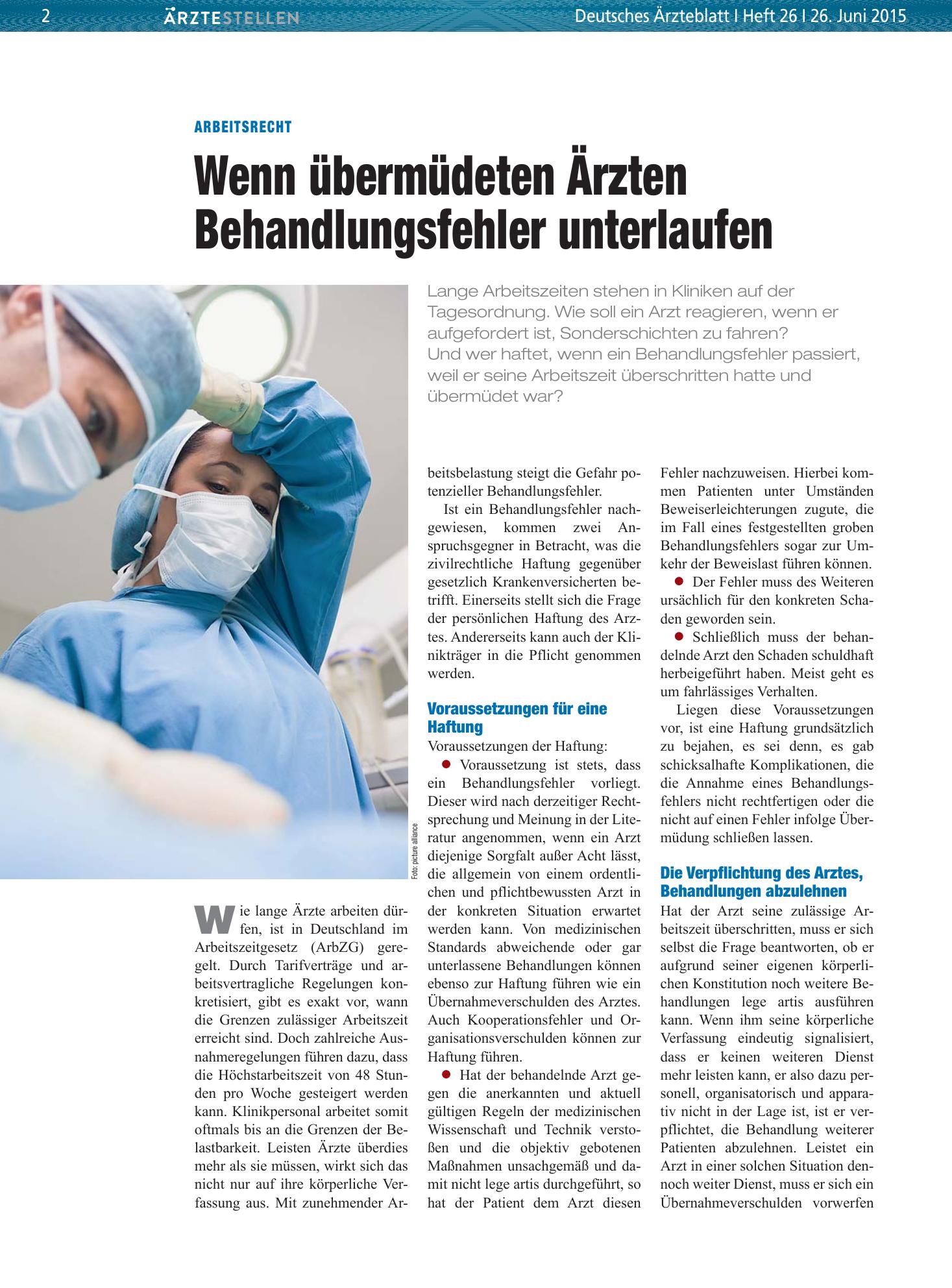 Vorschauseite 1: Arbeitsrecht: Wenn übermüdeten Ärzten Behandlungsfehler unterlaufen – Deutsches Ärzteblatt
