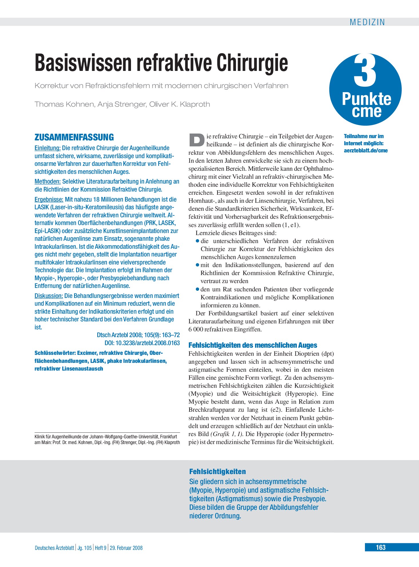 Vorschauseite 1: Basiswissen refraktive Chirurgie – Deutsches Ärzteblatt