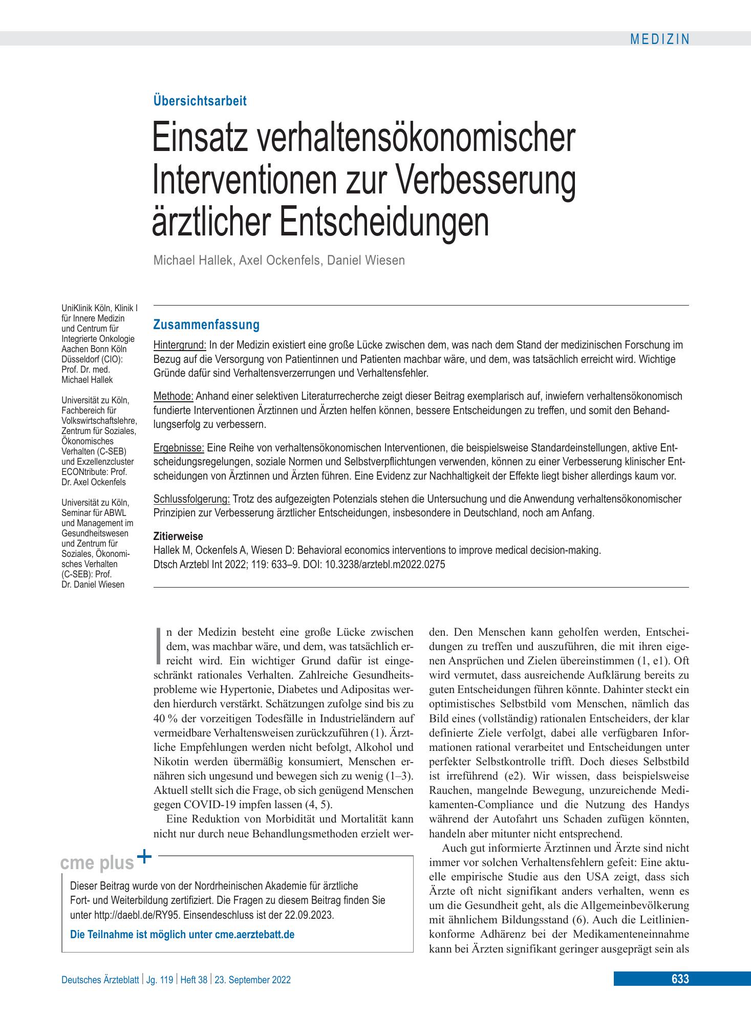Vorschauseite 1: Einsatz verhaltensökonomischer Interventionen zur Verbesserung ärztlicher Entscheidungen – Deutsches Ärzteblatt