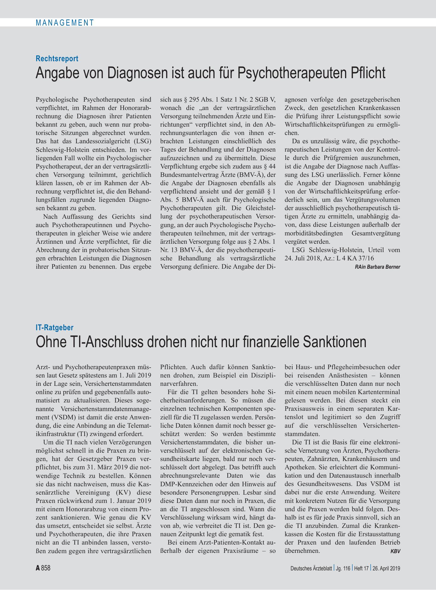 Vorschauseite 1: Rechtsreport: Angabe von Diagnosen ist auch für Psychotherapeuten Pflicht – Deutsches Ärzteblatt