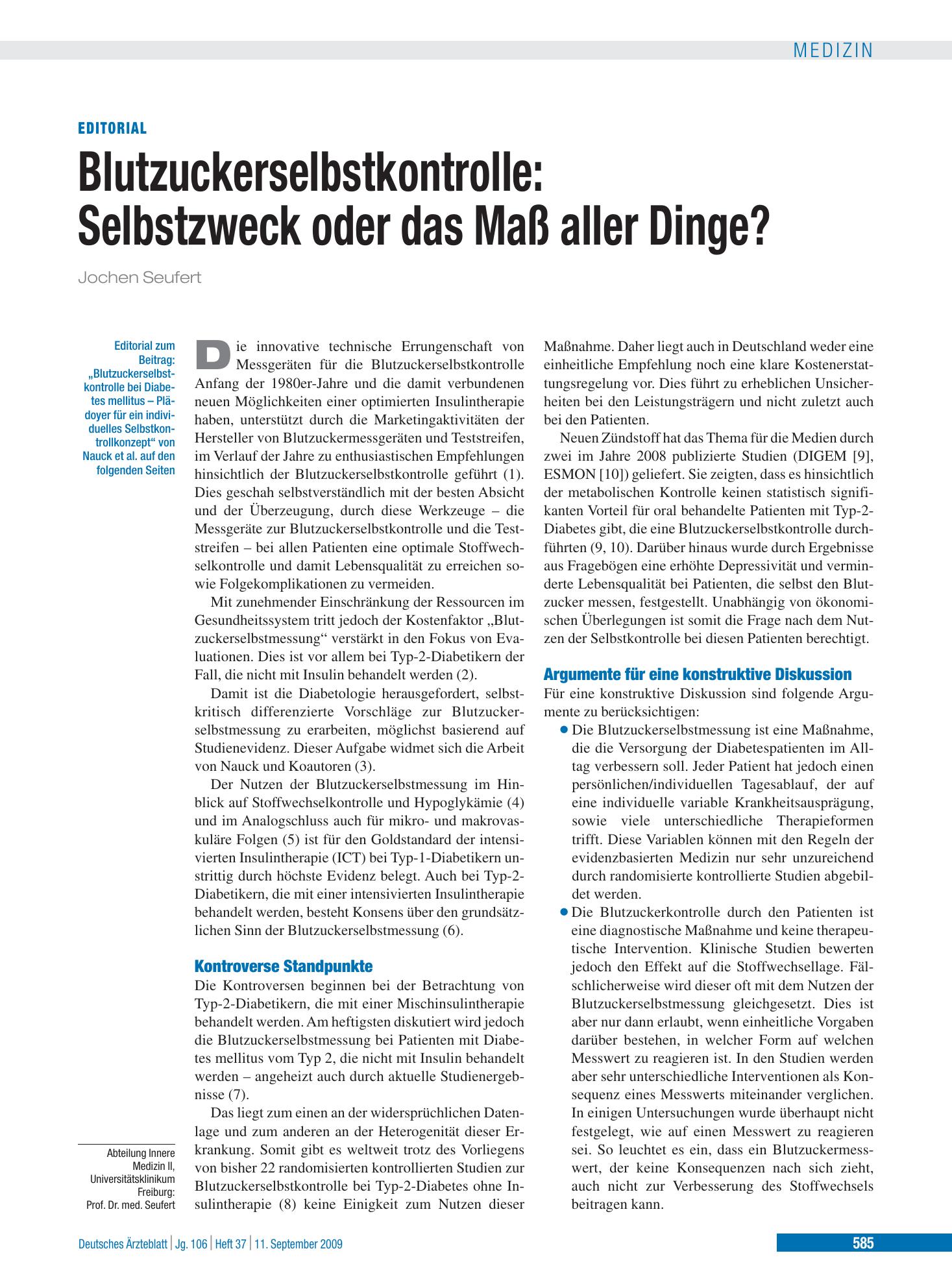 Vorschauseite 1: Blutzuckerselbstkontrolle bei Diabetes mellitus – Deutsches Ärzteblatt