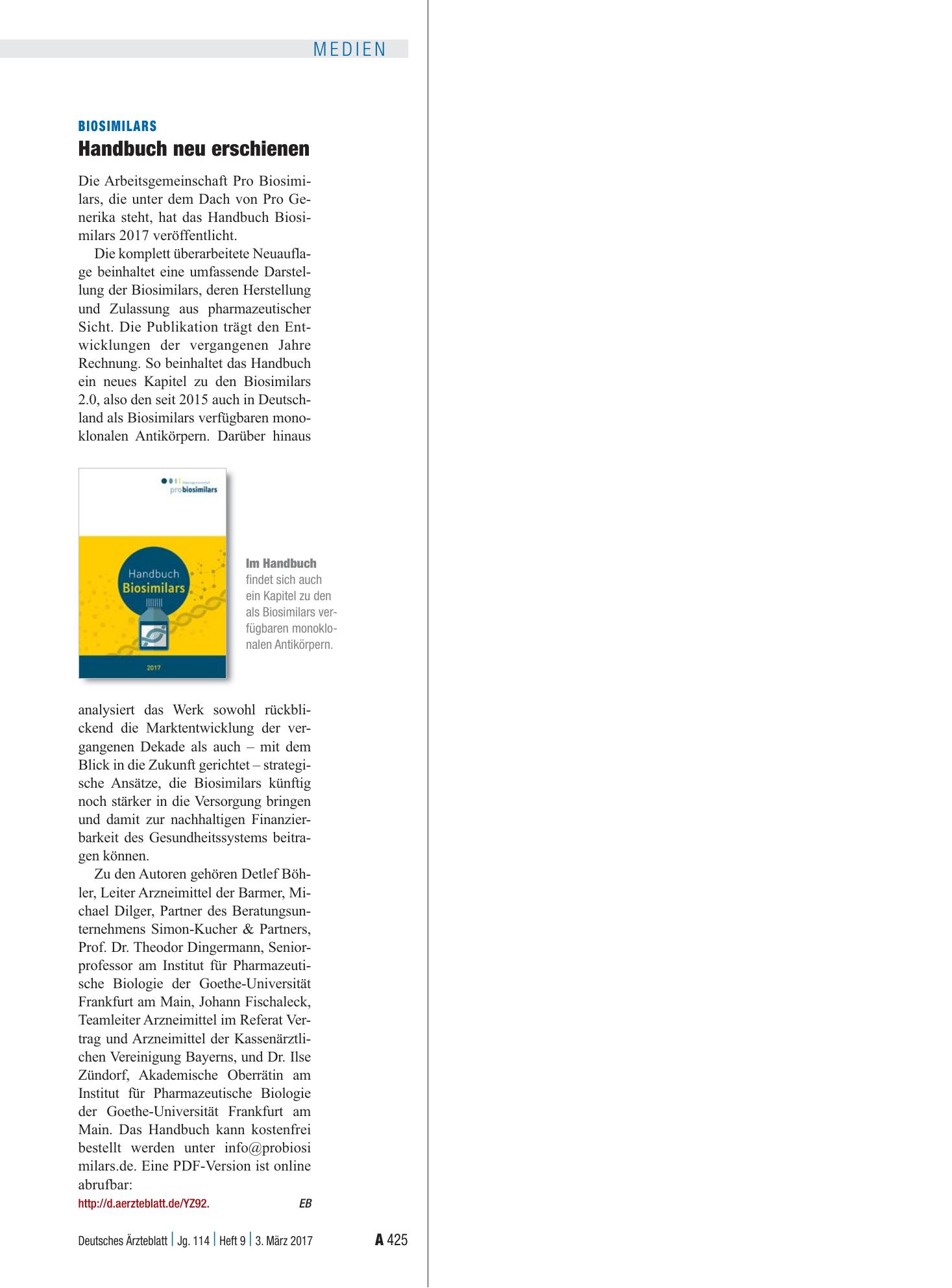 Vorschauseite 1: Biosimilars: Handbuch neu erschienen – Deutsches Ärzteblatt