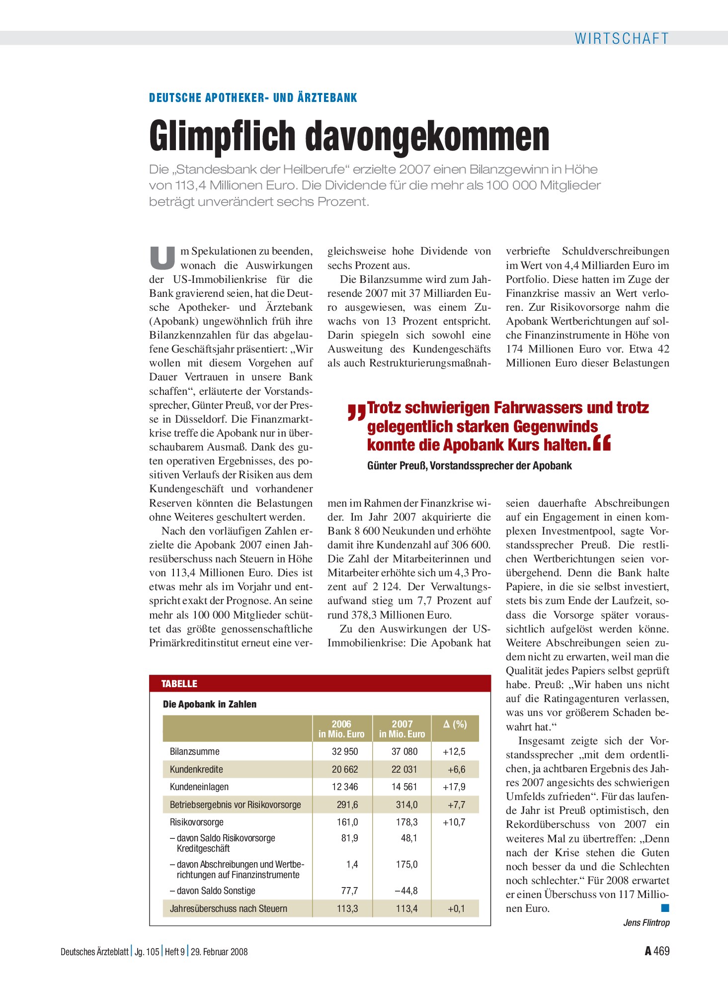 Vorschauseite 1: Deutsche Apotheker- und Ärztebank: Glimpflich davongekommen – Deutsches Ärzteblatt
