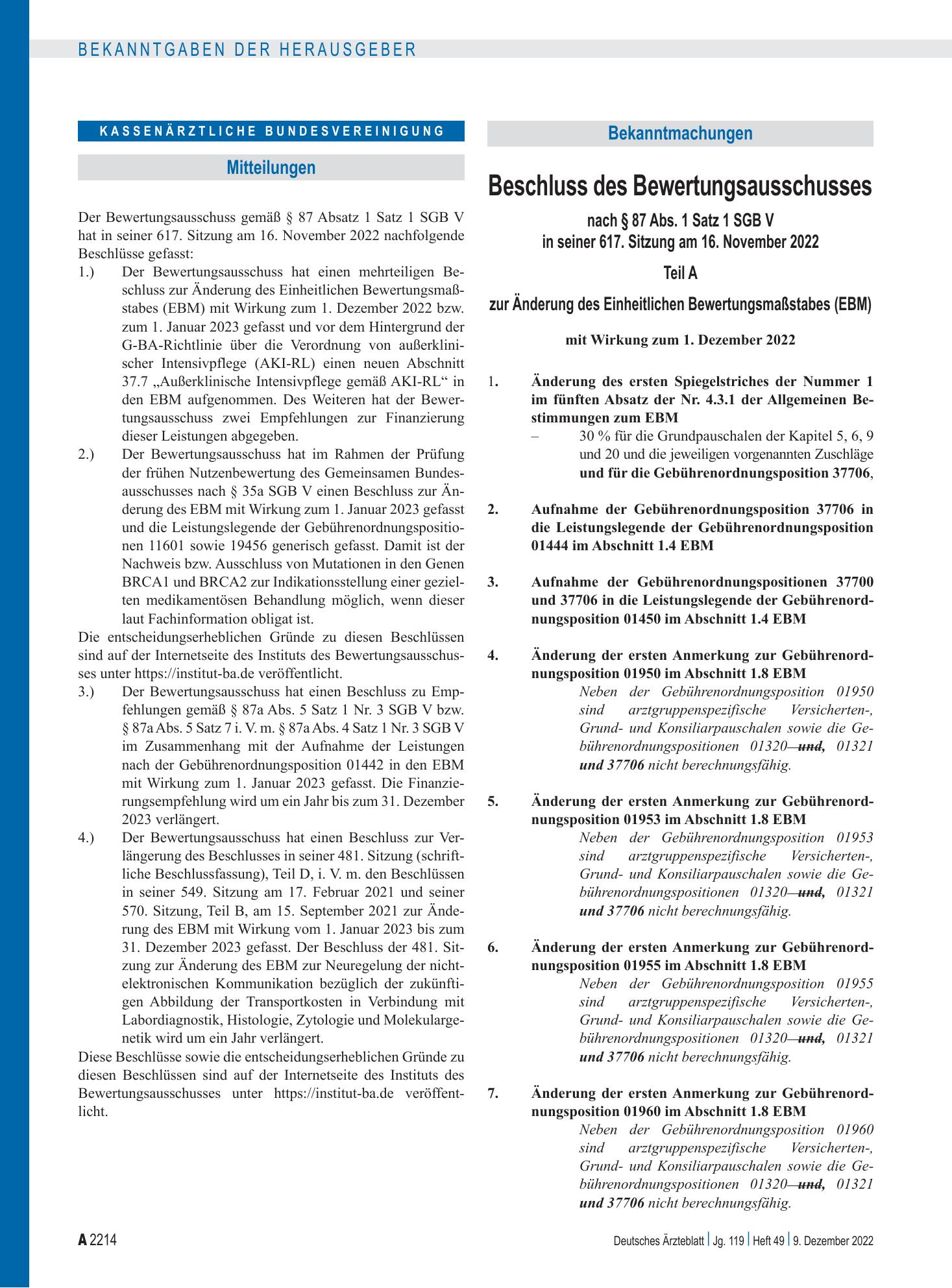Vorschauseite 1: Beschluss des Bewertungsausschusses nach § 87 Abs. 1 Satz 1 SGB V in seiner 617. Sitzung am 16. November 2022 – Deutsches Ärzteblatt