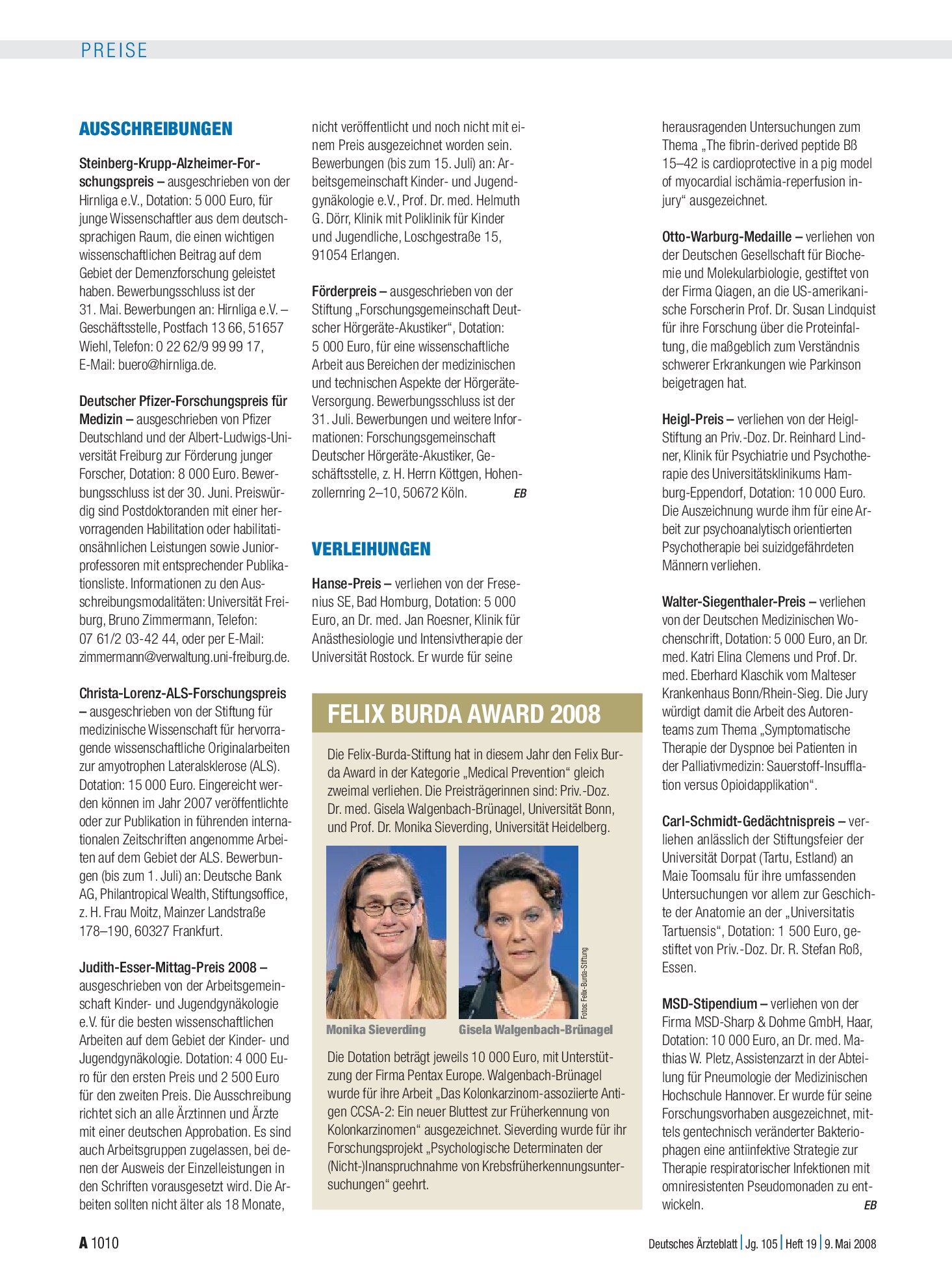 Vorschauseite 1: Verleihungen – Deutsches Ärzteblatt