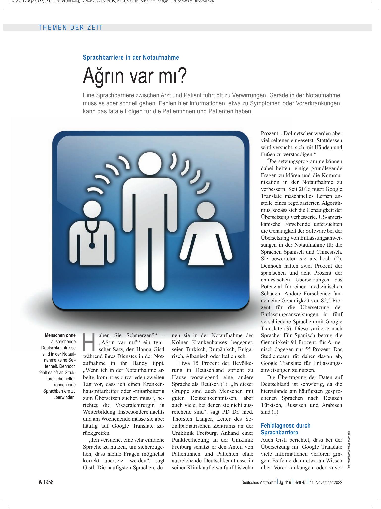 Vorschauseite 1: Sprachbarriere in der Notaufnahme: Ağrın var mı? – Deutsches Ärzteblatt