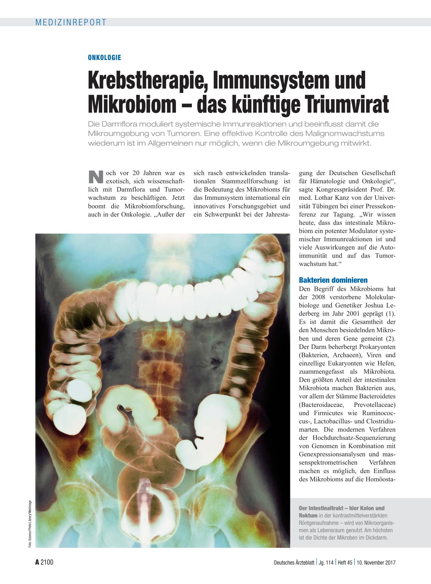 Vorschauseite 1: Onkologie: Krebstherapie, Immunsystem und Mikrobiom – das künftige Triumvirat – Deutsches Ärzteblatt