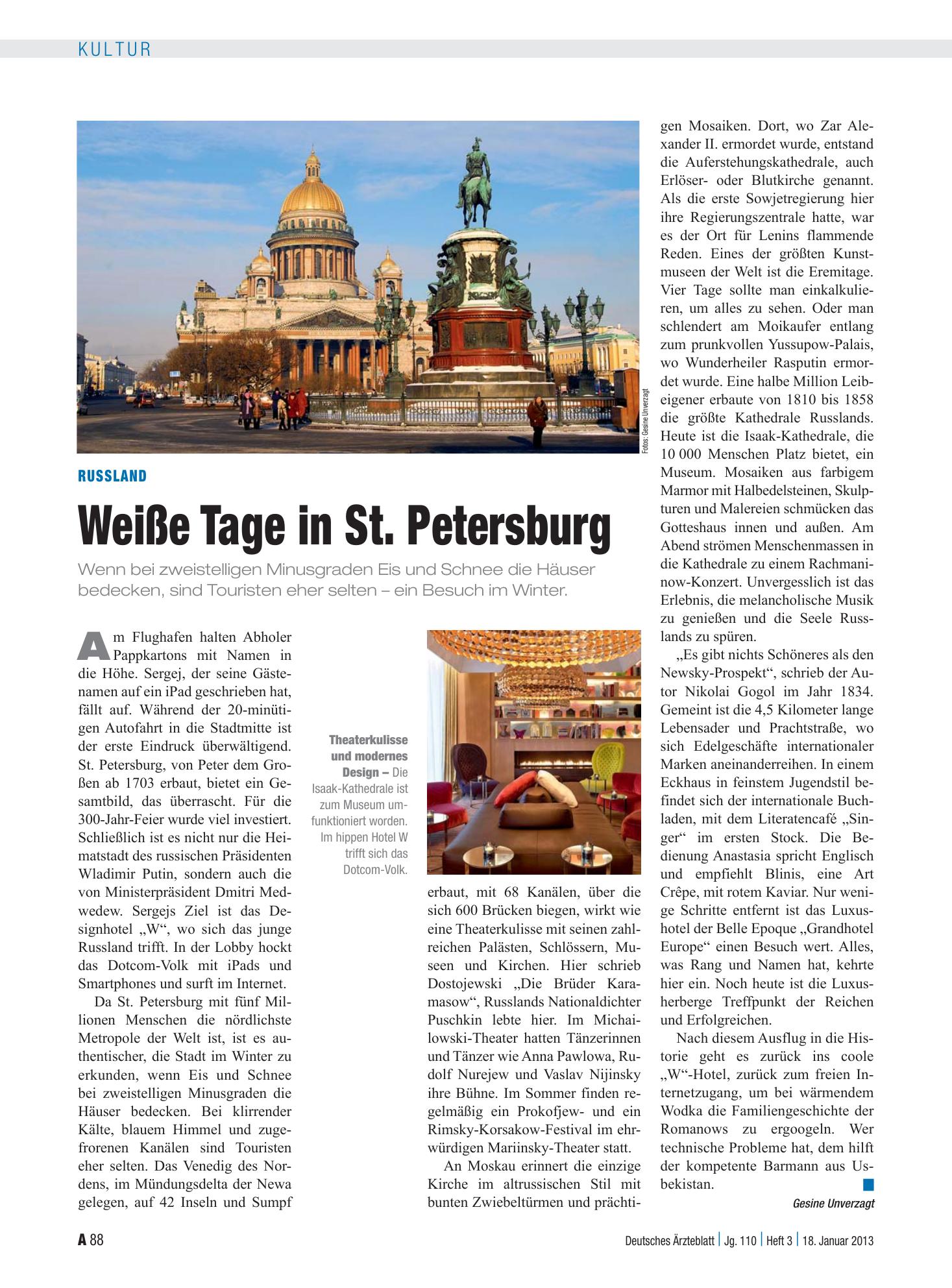 Vorschauseite 1: Russland: Weiße Tage in St. Petersburg – Deutsches Ärzteblatt