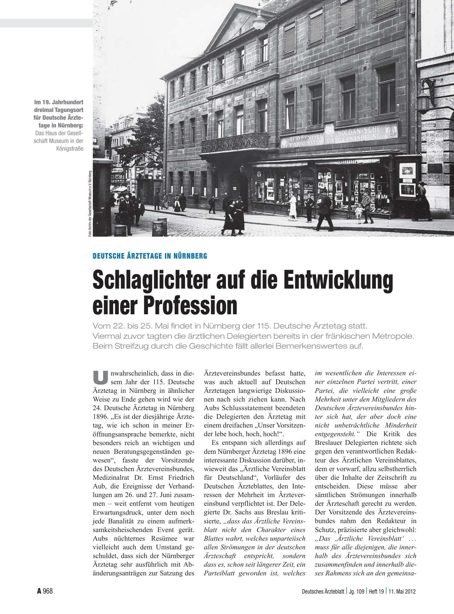 Vorschauseite 1: Deutsche Ärztetage in Nürnberg: Schlaglichter auf die Entwicklung einer Profession – Deutsches Ärzteblatt