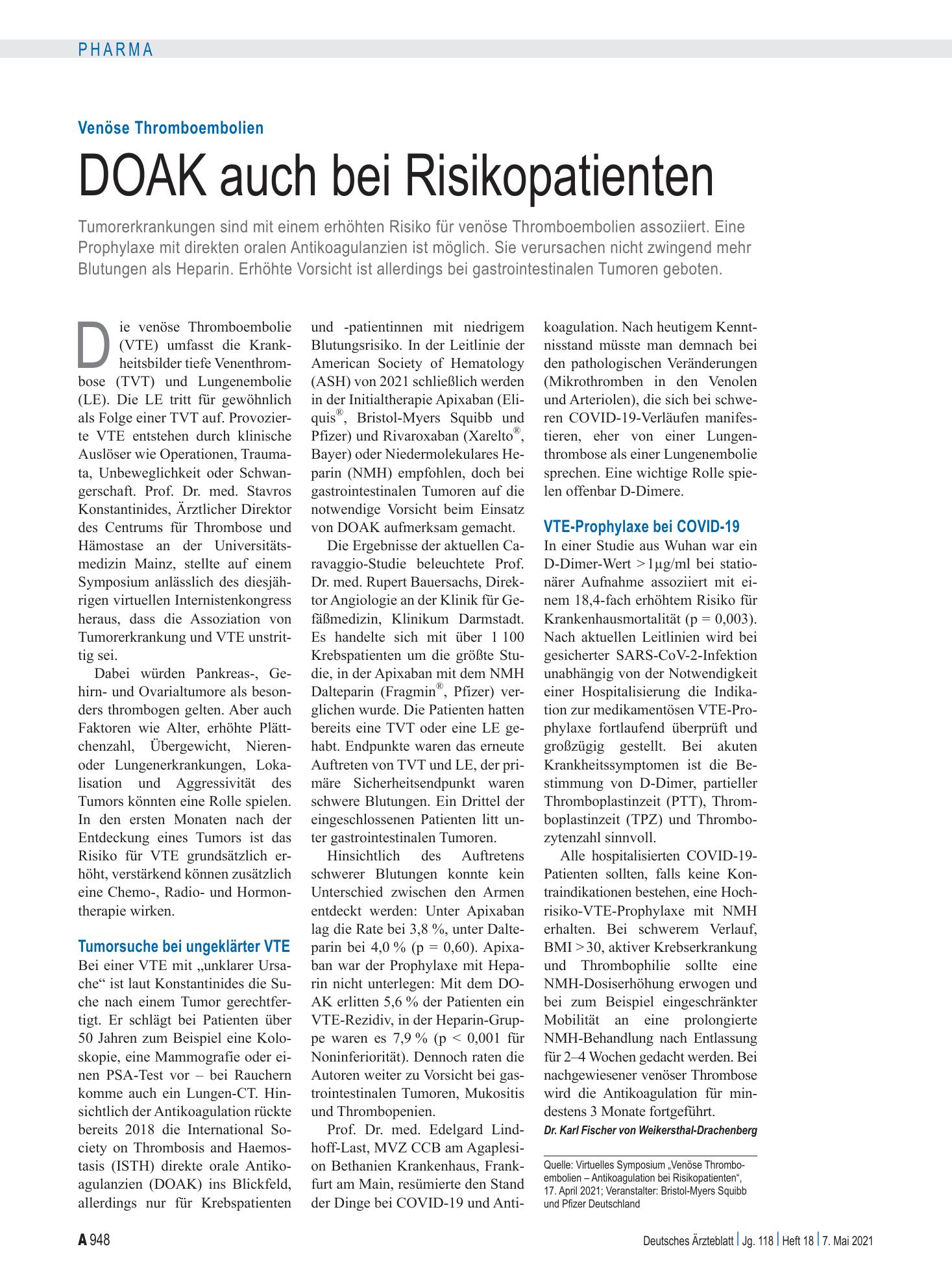 Vorschauseite 1: Venöse Thromboembolien: DOAK auch bei Risikopatienten – Deutsches Ärzteblatt