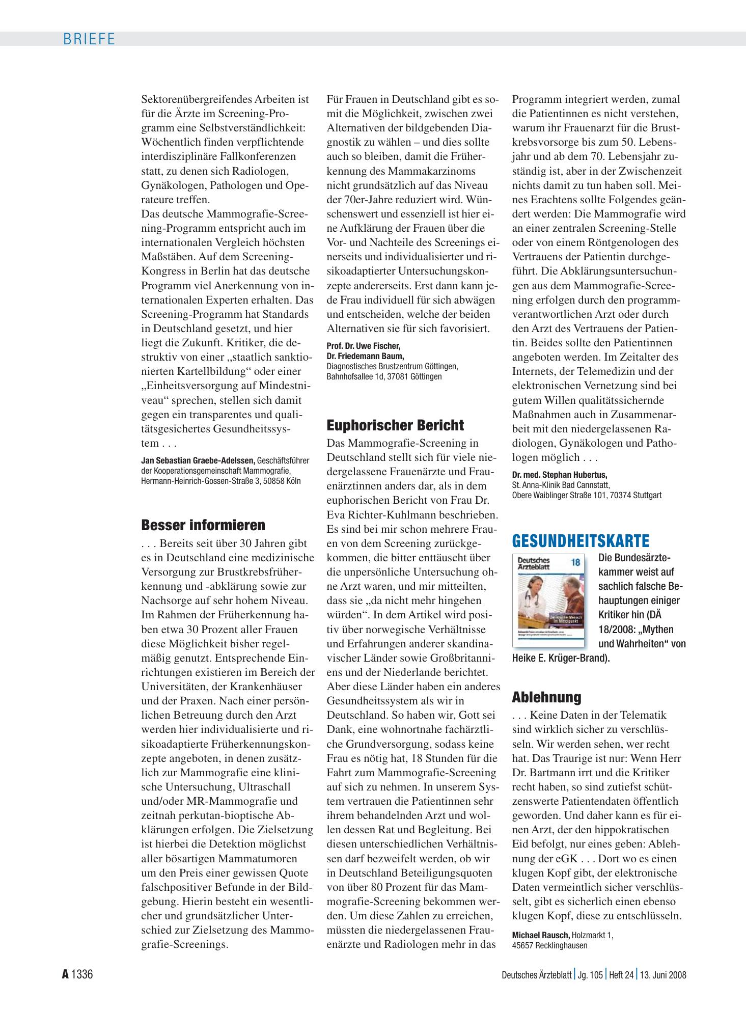 Vorschauseite 1: Mammografie: Euphorischer Bericht – Deutsches Ärzteblatt