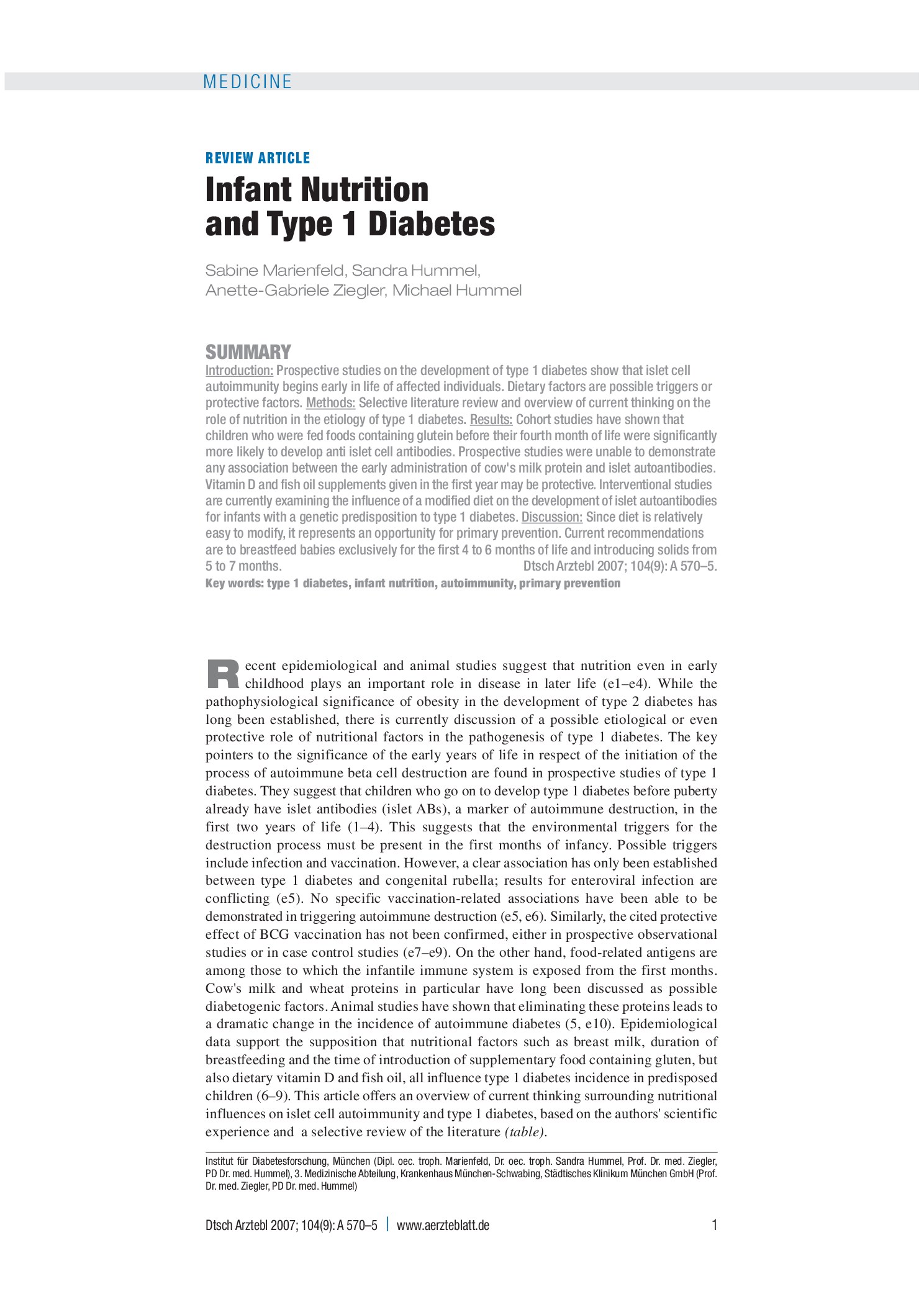 Vorschauseite 1: Frühkindliche Ernährung und Typ-1-Diabetes – Deutsches Ärzteblatt