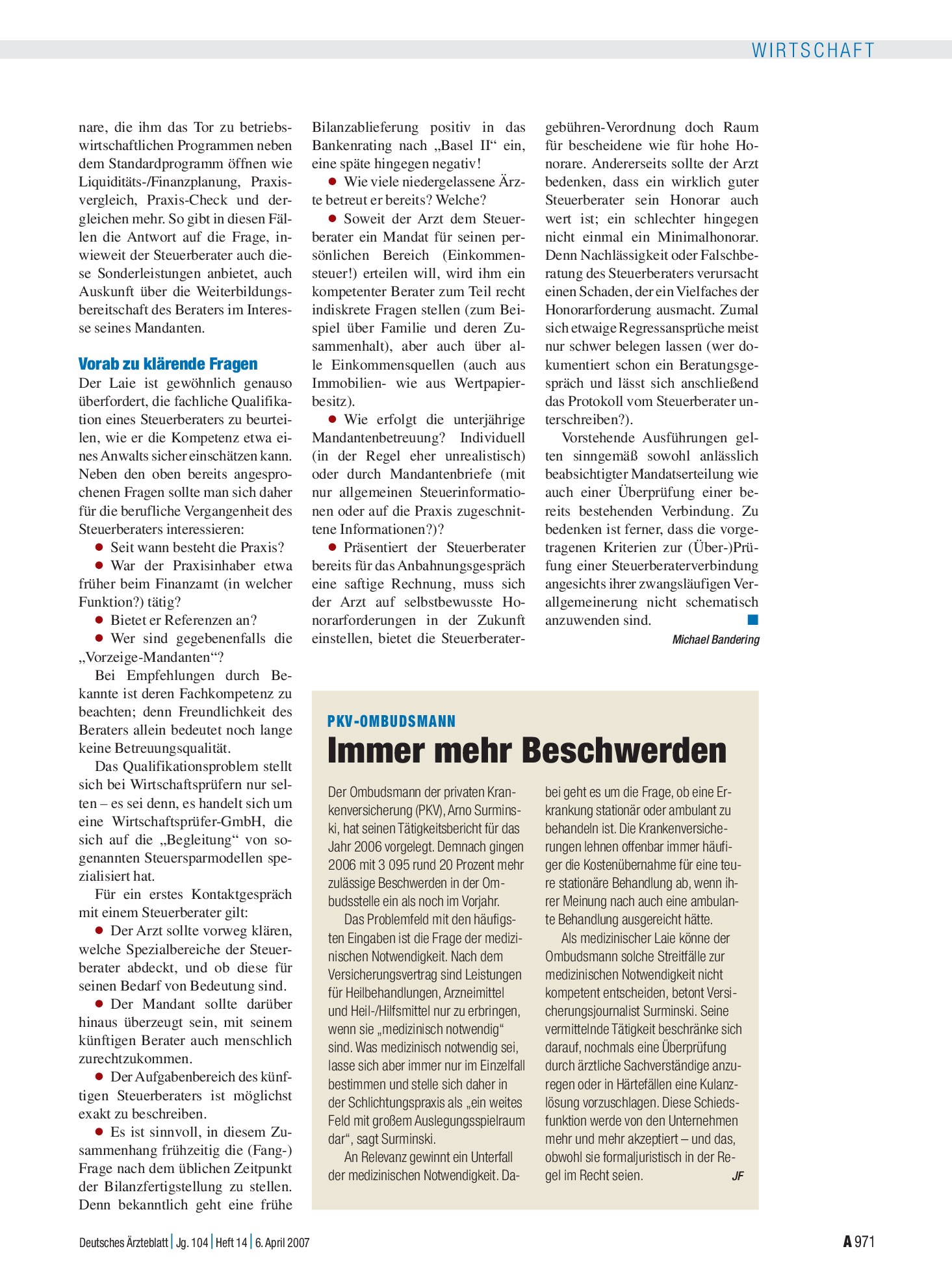 Vorschauseite 1: PKV-Ombudsmann: Immer mehr Beschwerden – Deutsches Ärzteblatt